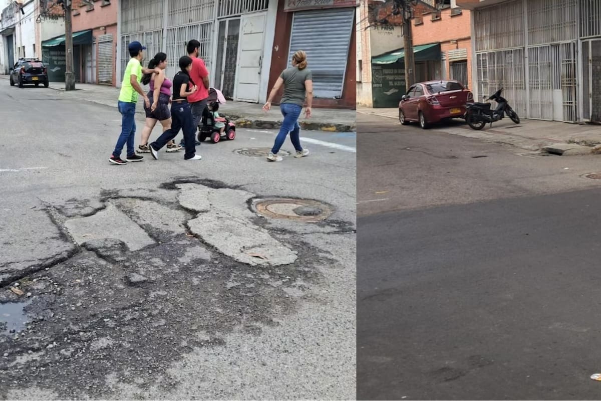 A la izquierda presentamos la fotodenuncia reportada por la comunidad y publicada en esta edición; a la derecha, el mismo ángulo de la cuadra, después del repavimentado del tramo vehicular.