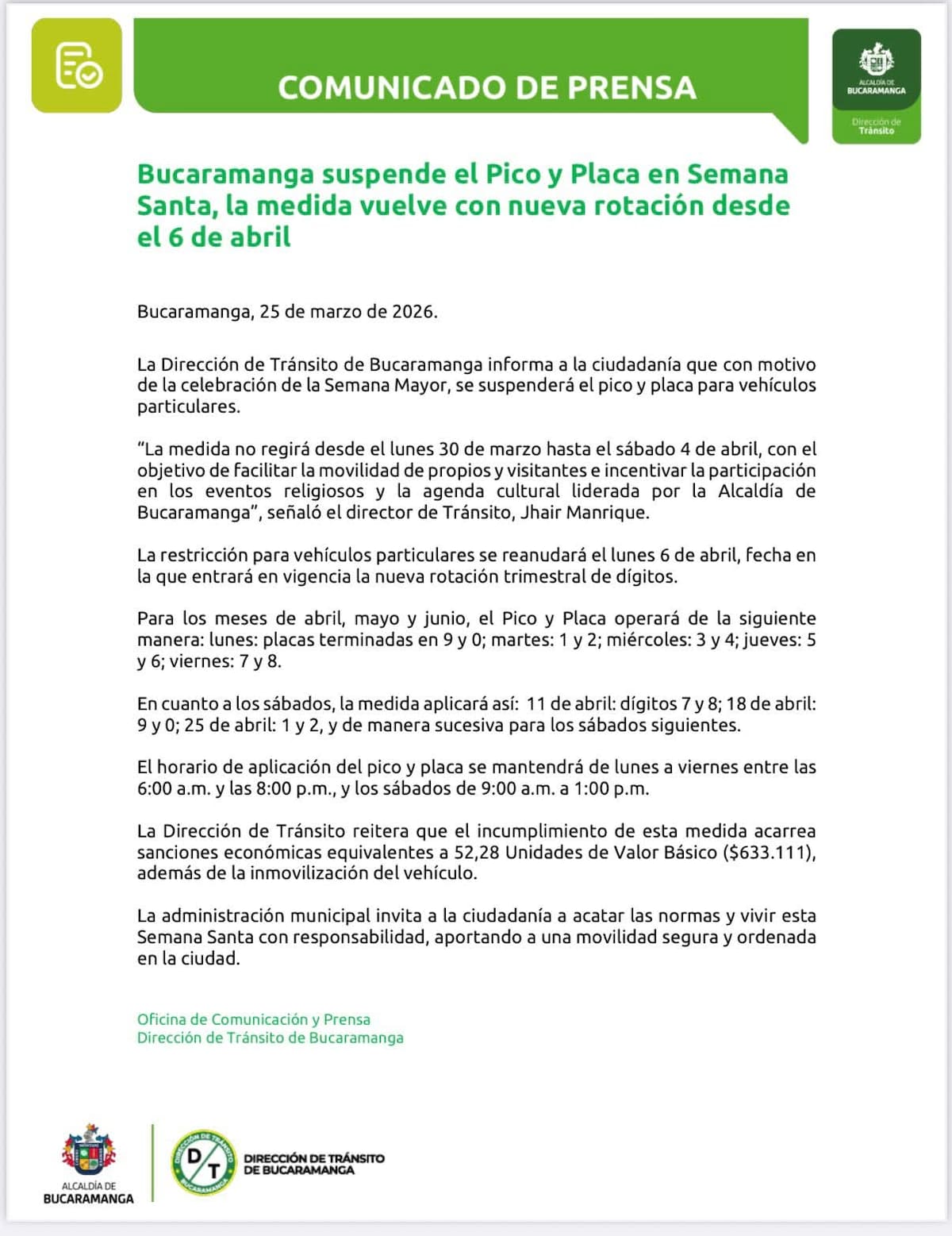 Comunicado de Tránsito.