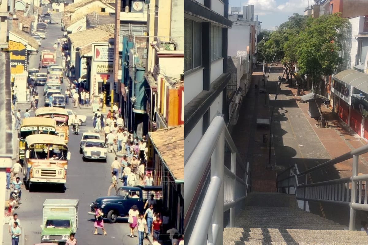 Parecen dos vías totalmente diferentes: antes por la calle 35, entre carreras 12 y 15, pasaban carros y buses, y además la calzada era de asfalto; hoy en la zona existe el Paseo del Comercio, incluso sobre la carrera 15 se construyó un puente peatonal.