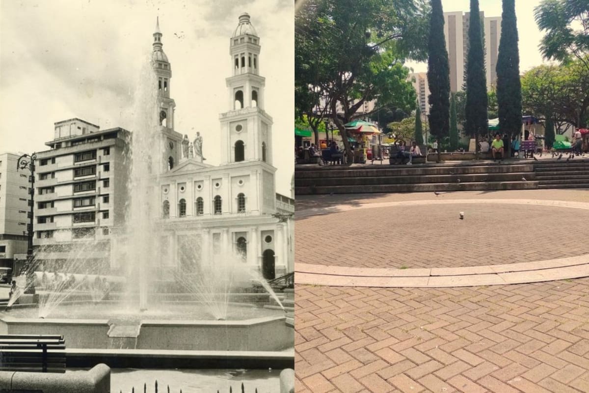 Parque Santander: Aquí vemos la fuente de agua en 1970 y lo que hoy existe en su lugar.