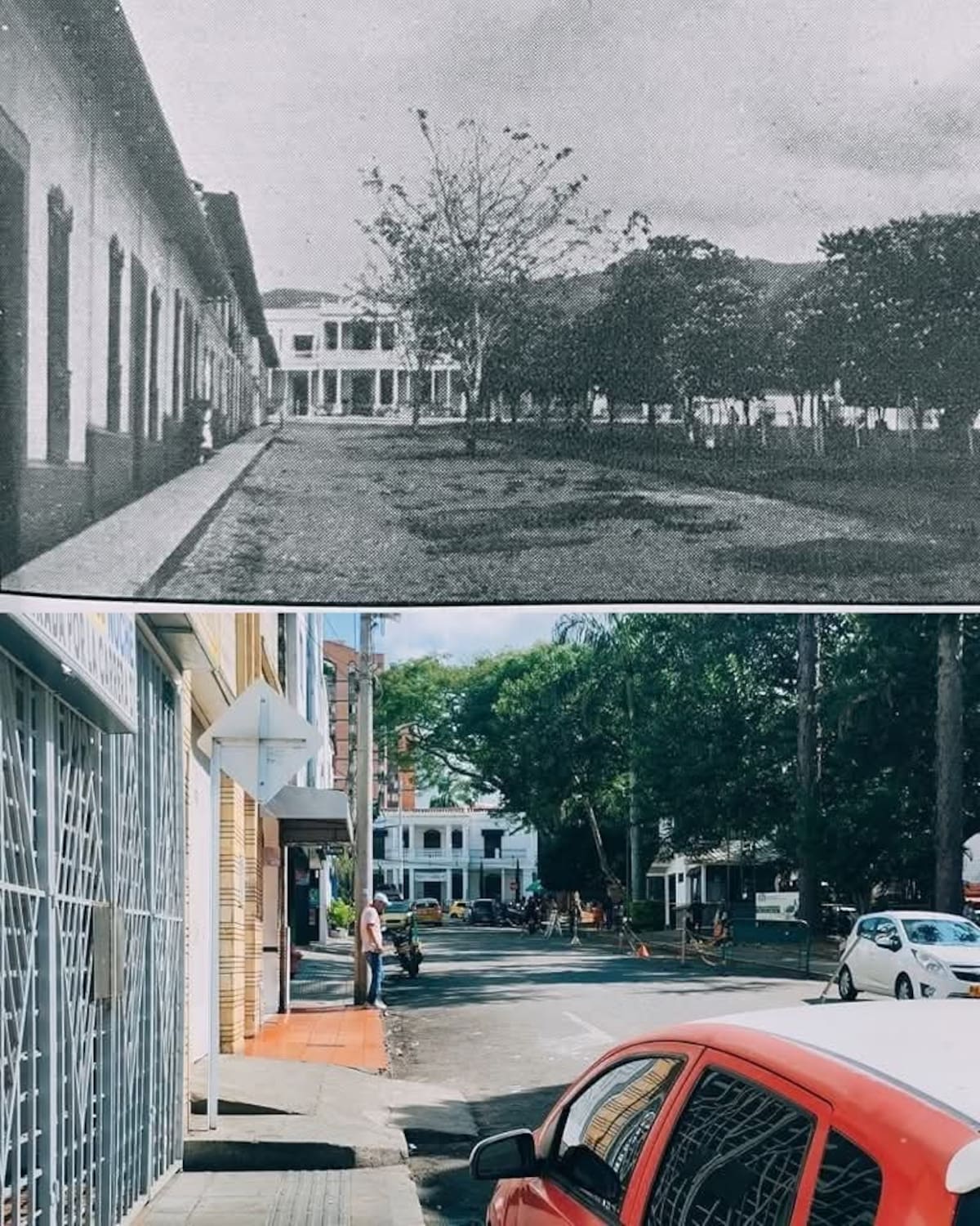 Frente a frente aparecen dos fotografías tomadas en el mismo lugar, en el sector del parque Antonia Santos Centro. Ambas imágenes miran hacia la misma cuadra, como si el tiempo hubiera decidido detenerse un instante para compararse a sí mismo.