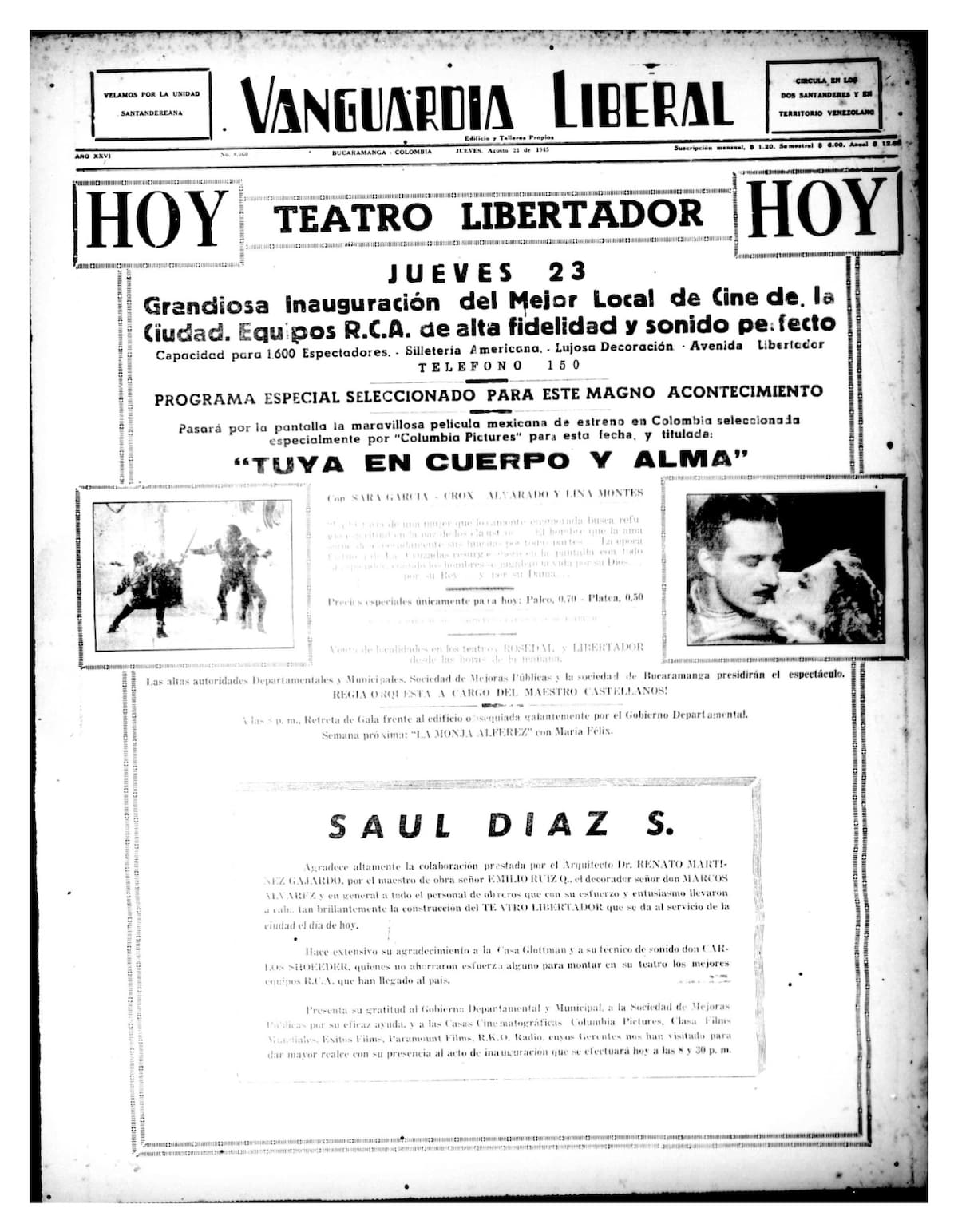 Así se promocionaba en Vanguardia la función del día en el Teatro Libertador. (Archivo / VANGUARDIA)