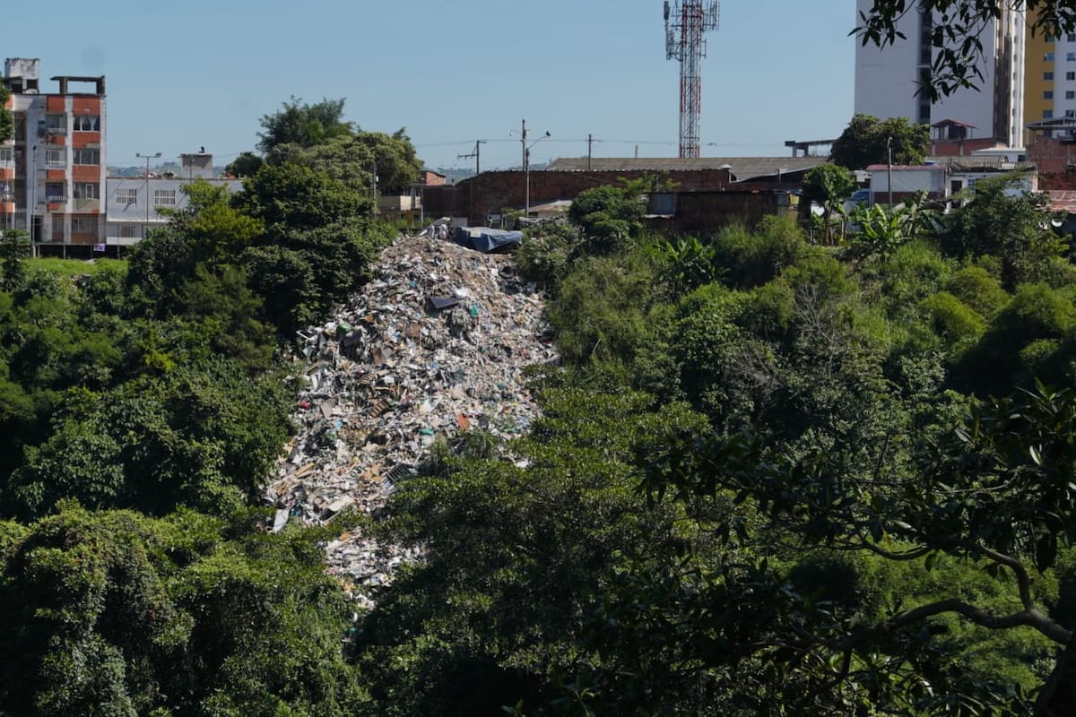 Es impresionante el contraste que se forma entre el gris de esta gran cantidad de desechos y el verde de la naturaleza que rodea este basurero ilegal a cielo abierto, ubicado en el sector de 23 de junio. (Foto: Marco Valencia / VANGUARDIA)