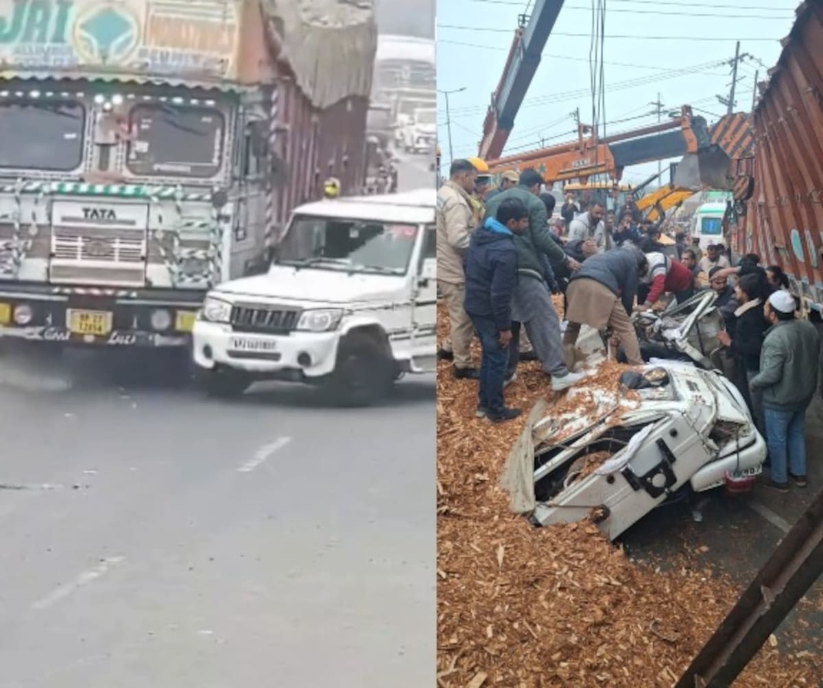 Camión cae sobre una camioneta y deja un muerto en India. Camión cae sobre una camioneta y deja un muerto en India. (Captura de pantalla)