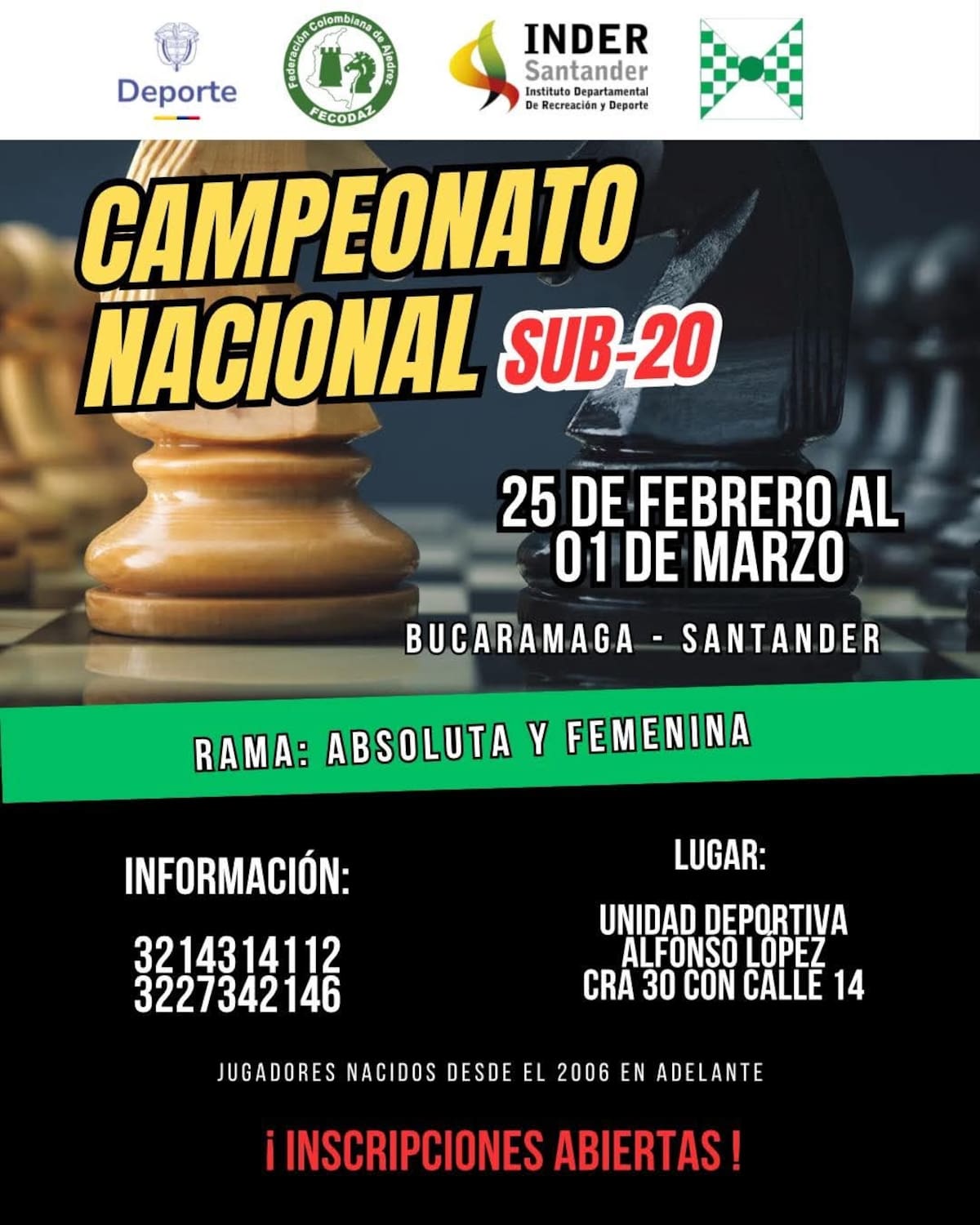 Campeonato Nacional de Ajedrez Sub-20 en Bucaramanga: los oficiales de Santander van por más