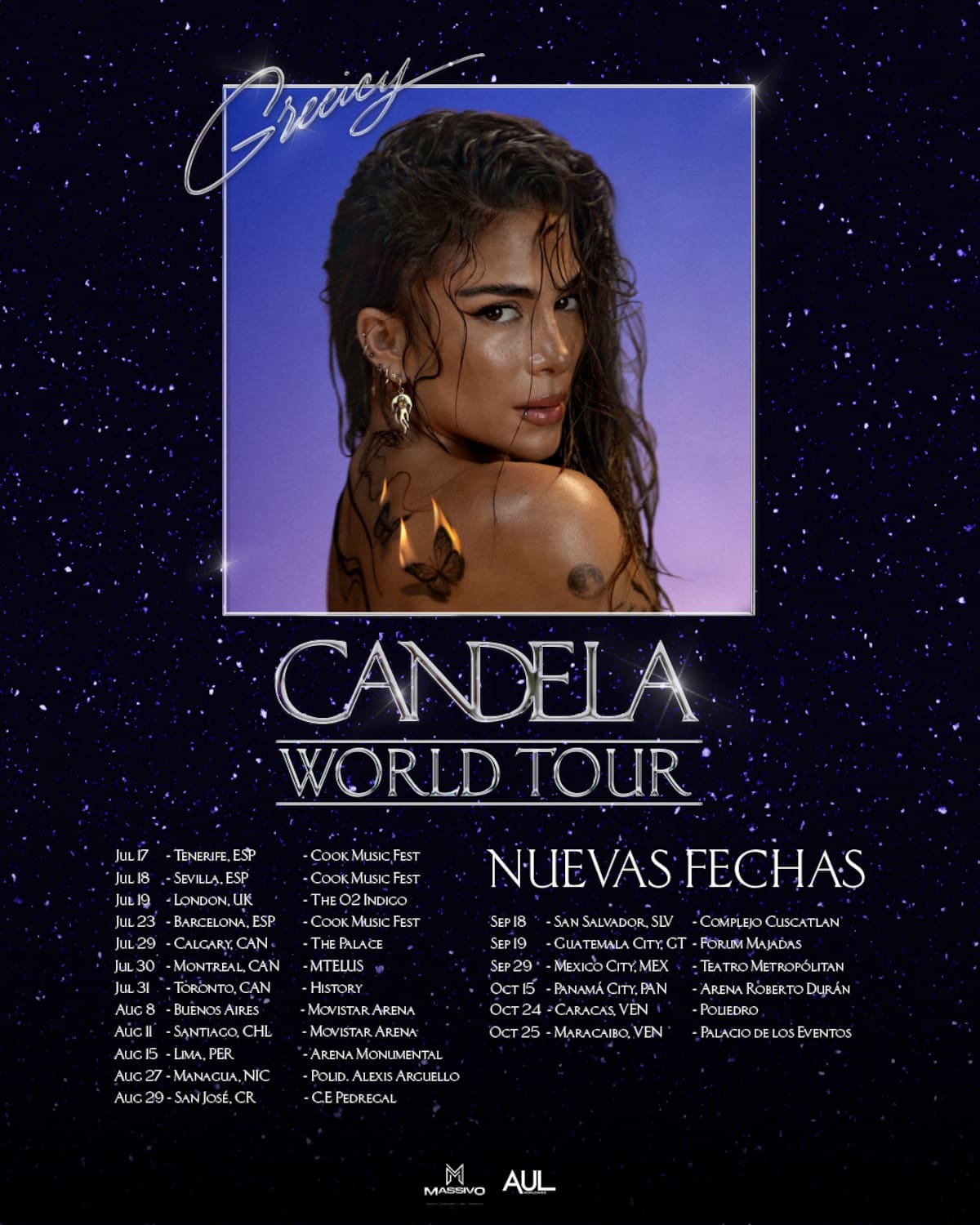 Greeicy llevará el universo de CANDELA en una gira mundial que inicia el 17 de julio en Tenerife (España) y visitará Reino Unido, Canadá, Argentina, Chile, México, Venezuela, entre otros.
