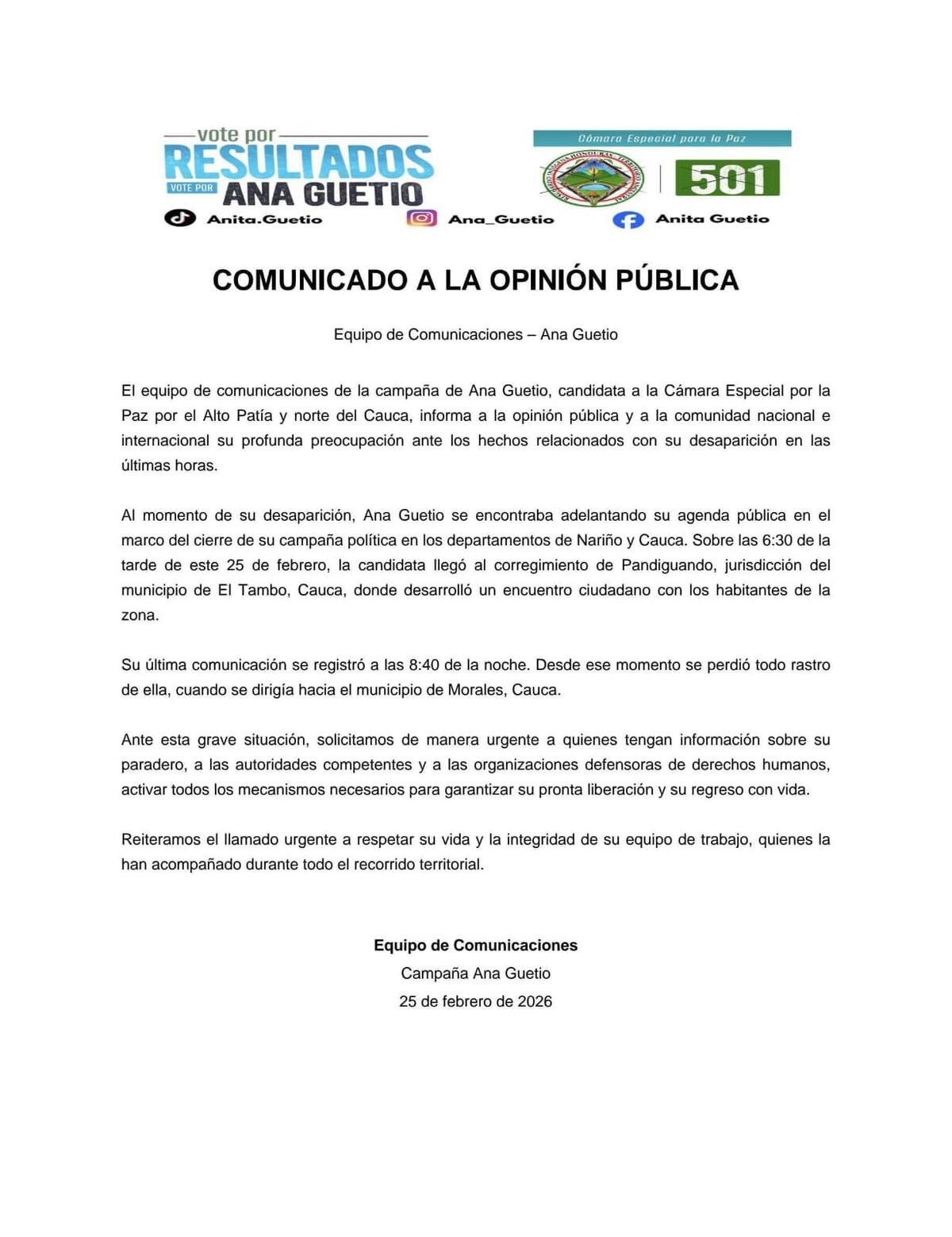 Ana Guetio desapareció en el Cauca, denunció su equipo de trabajo.