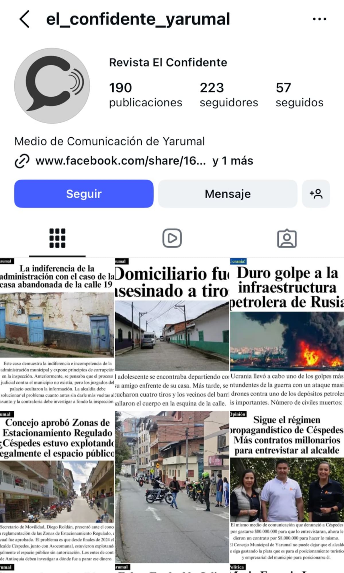 Captura tomada de las redes sociales del medio digital El Confidente de Yarumal, proyecto periodístico impulsado por Mateo Pérez para informar sobre hechos y problemáticas del norte de Antioquia.