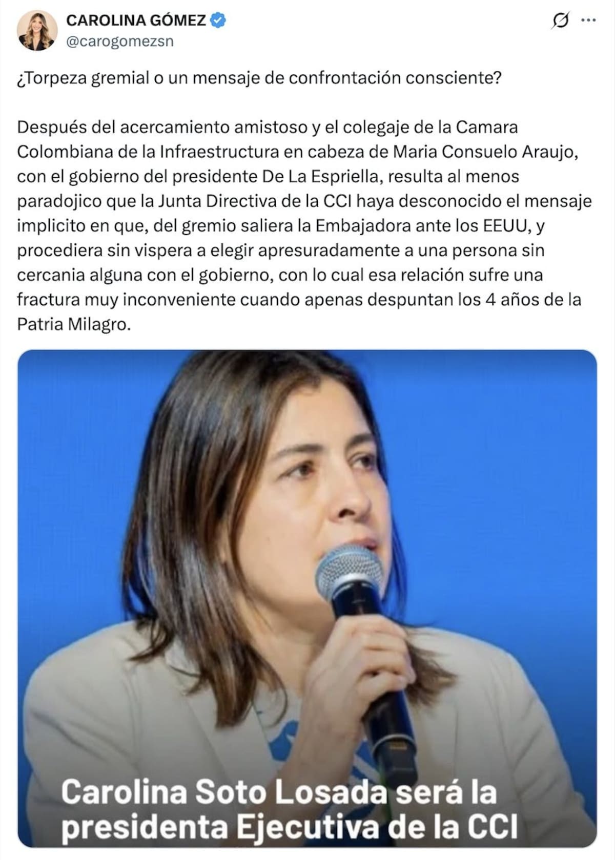 Carolina Gómez, vocera del Gobierno de Abelardo De La Espriella, cuestionó el nombramiento de Carolina Soto como presidenta de la Cámara Colombiana de Infraestructura, CCI. Horas después, el mensaje fue borrado | Foto Tomada de X