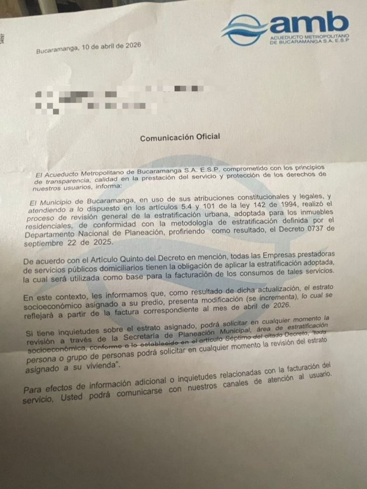 Esta carta del Acueducto llegó a las casas de varios bumangueses. Les notificaron cambio de estrato.