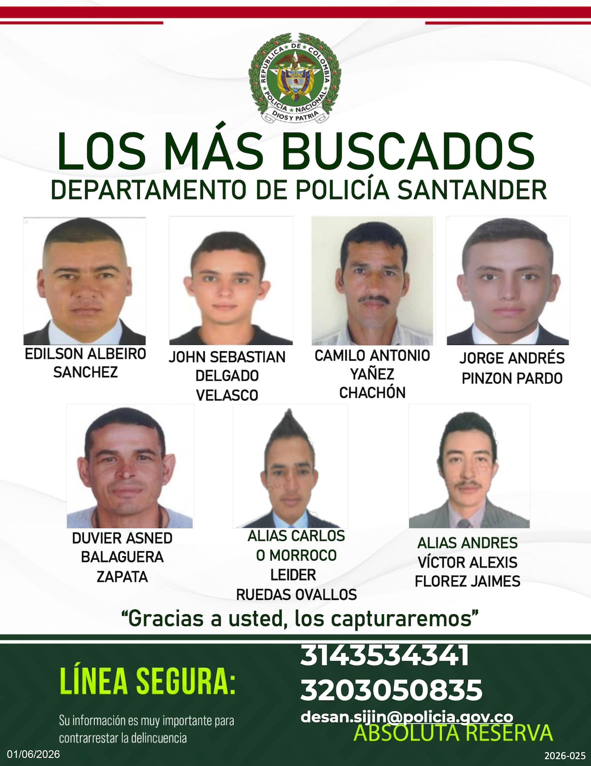 Cartel de los delincuentes más buscados de Santander.