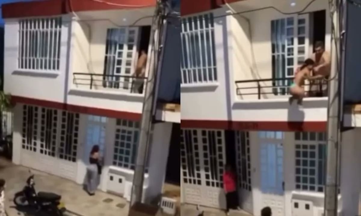 Atrapó a su esposo en plena infidelidad y su amante escapó por una ventana.