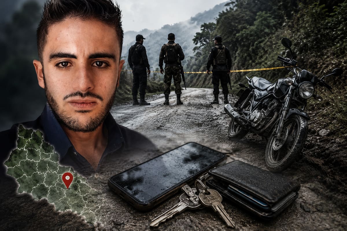 Imagen elaborada con apoyo de herramientas de IA, a partir de fotografías tomadas de redes sociales de Mateo Pérez y elementos recreados con fines ilustrativos. Para representar el contexto de su desaparición en zona rural de Briceño, Antioquia.