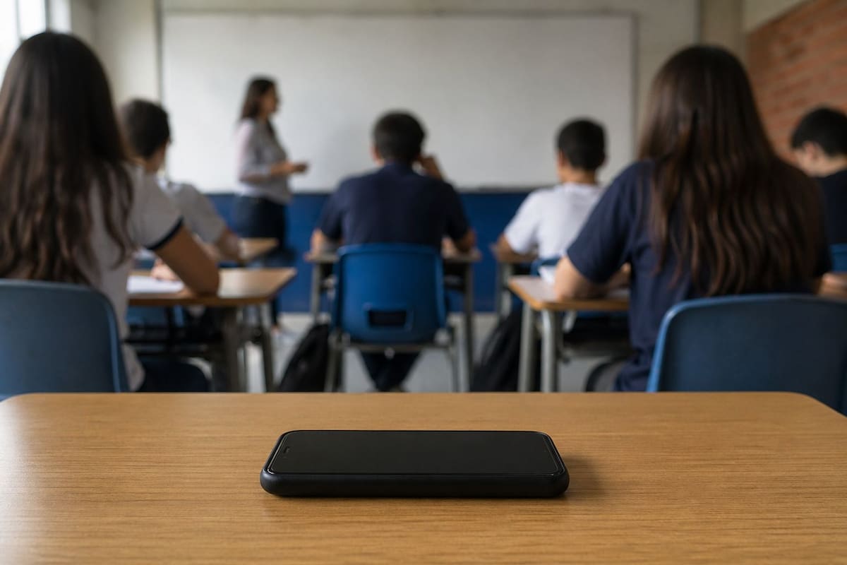 Estudiantes en clase mientras un celular permanece sobre el pupitre, en medio del debate sobre su uso en las aulas.
Foto tomada de: IA