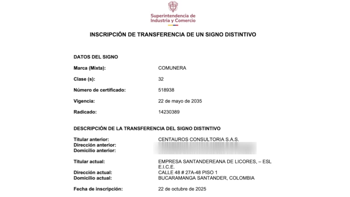 Un mes después, Centauros Consultoría transfiere la marca a la Empresa Santandereana de Licores, la licorera pública. | Fuente SIPI