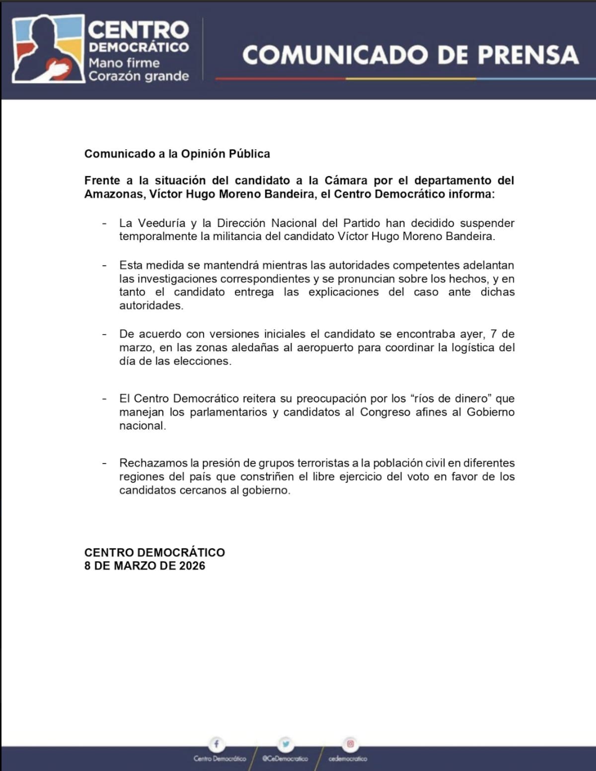 Capturado en flagrancia Víctor Hugo Moreno (Centro Democrático) por presunto cohecho en el aeropuerto de Leticia. La Fiscalía investiga posible compra de votos.