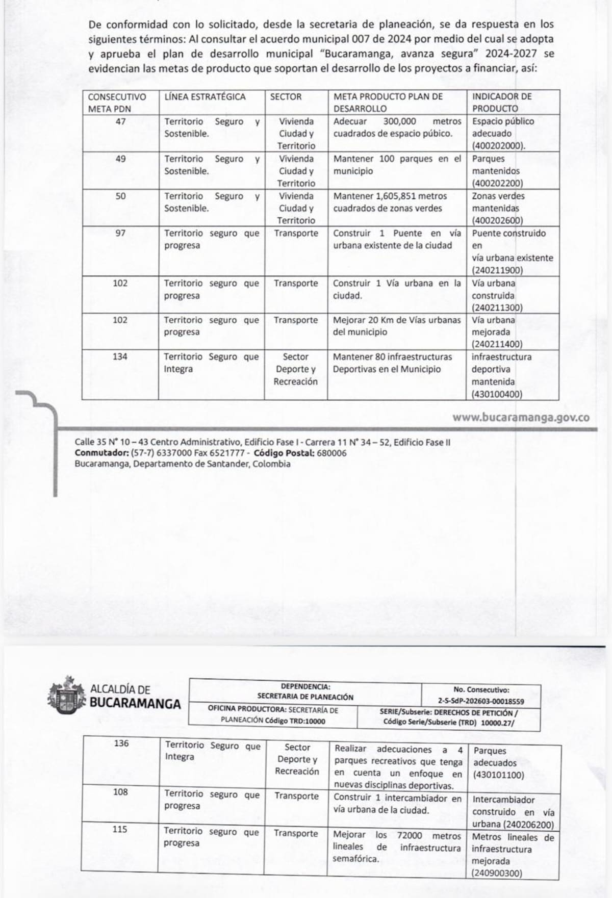 Certificación de la Secretaría de Planeación sobre las obras. Foto: Suministrada/VANGUARDIA