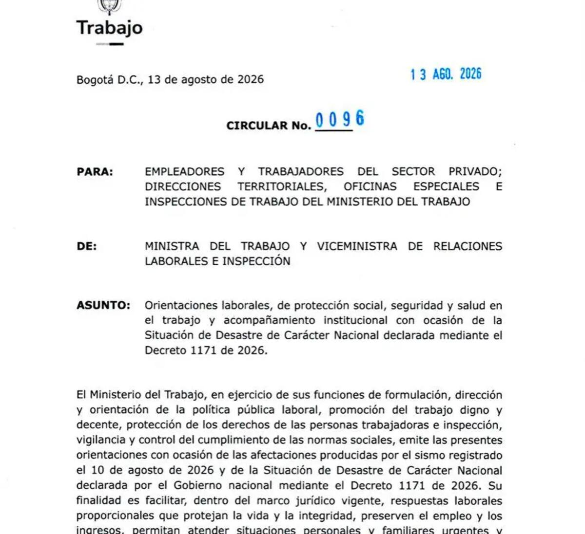 La circular del Ministerio del Trabajo recuerda las medidas laborales que pueden aplicarse durante la emergencia provocada por el terremoto. Foto tomada de: X.