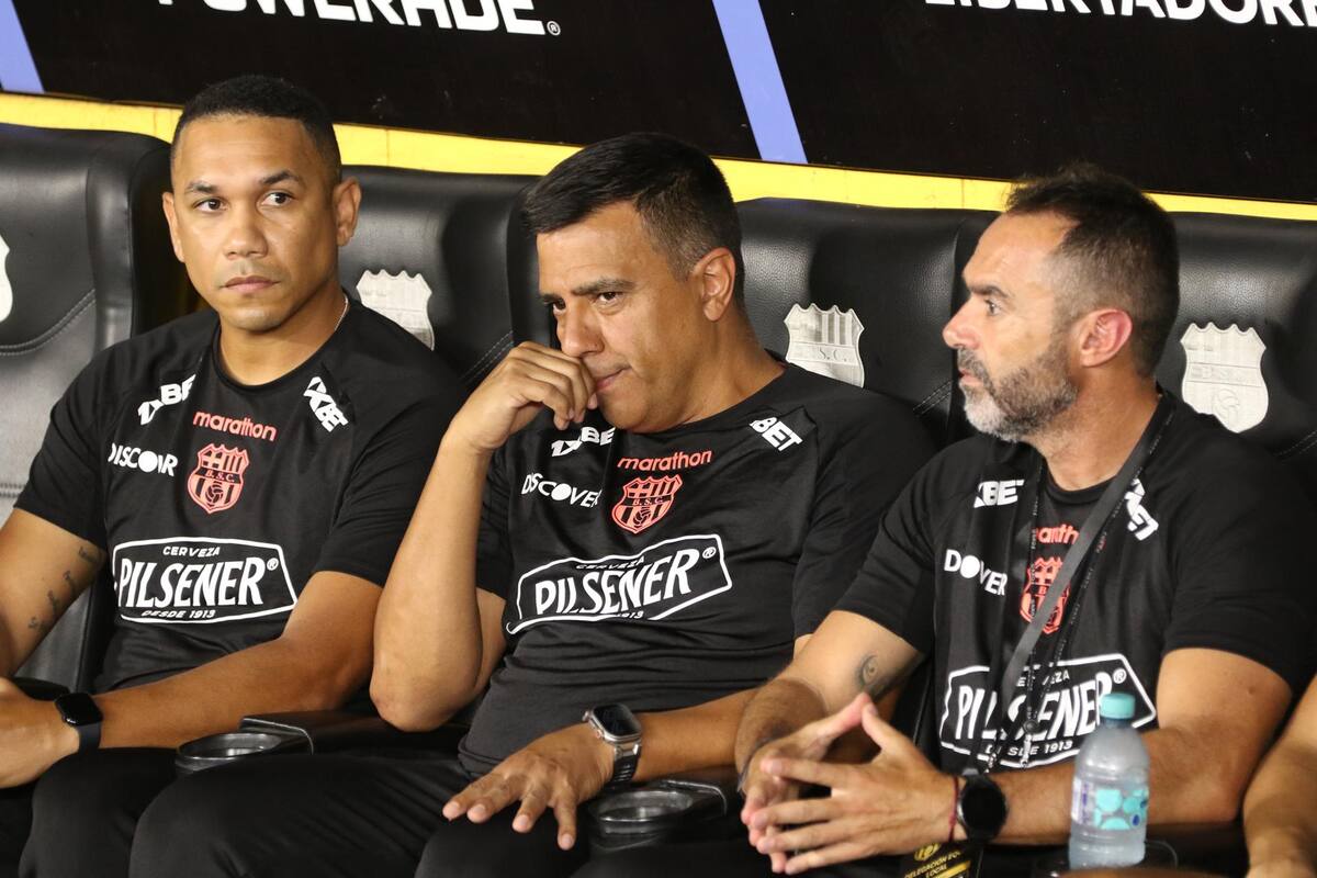 El entrenador de Barcelona, César Farías (c), reacciona este martes, durante un partido de clasificación de la Copa Libertadores entre Barcelona y Botafogo en el estadio Monumental Banco Pichinca en Guayaquil (Ecuador). EFE/ Jonathan Miranda