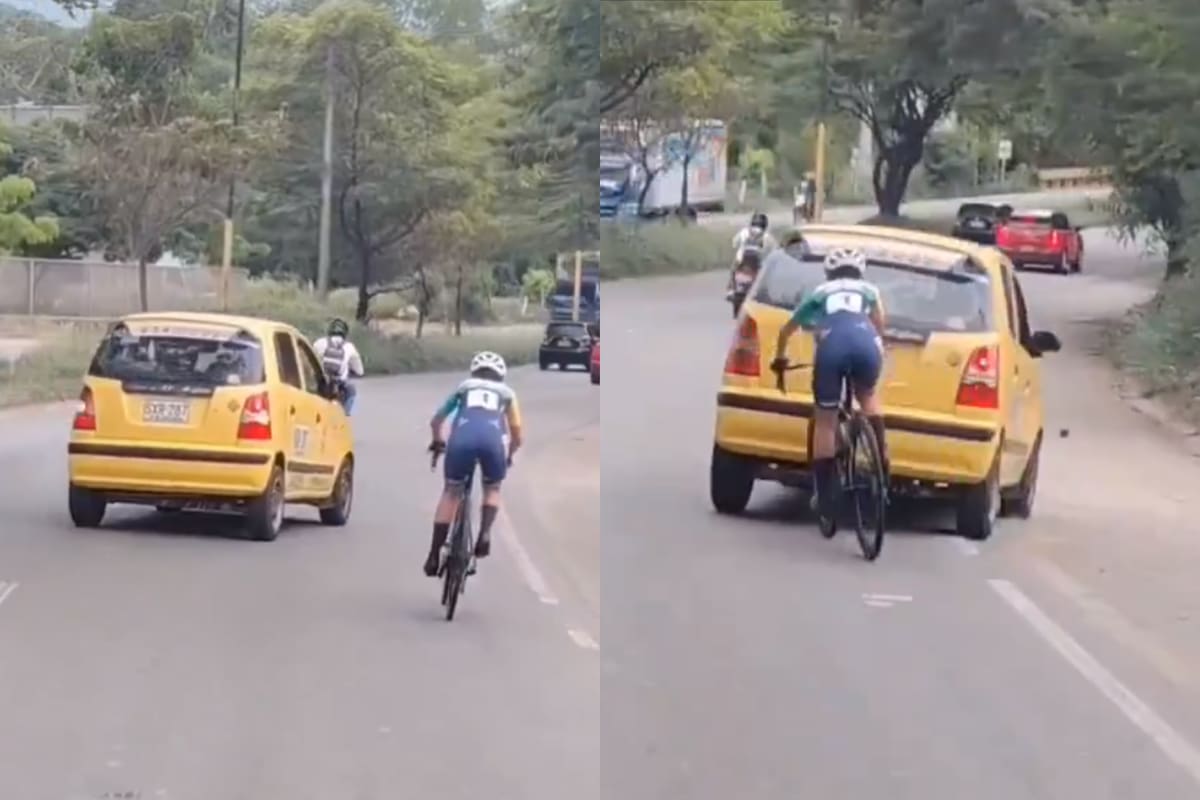 Ciclista estuvo a punto de ser arrollada por un taxista en la vía Girón–Floridablanca. Foto: captura de video