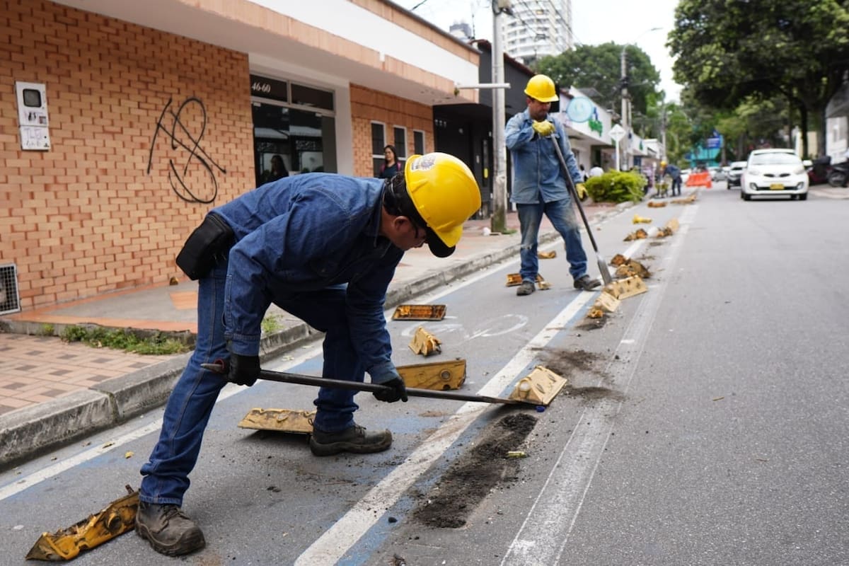 Operarios retiran los elementos físicos que segregaban la ciclorruta de la carrera 35, como parte de la intervención vial que se adelanta en el sector.