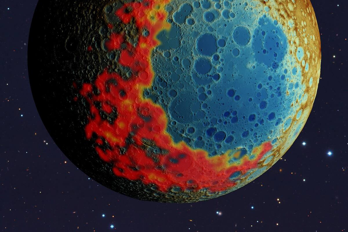 Científicos de la Universidad estadounidense de Arizona han desvelado importantes detalles de la cara oculta y menos conocida de la Luna que explicarían algunas de las enormes y enigmáticas diferencias entre los dos lados del único satélite natural de la Tierra. La cuenca de impacto del Polo Sur-Aitken, en la cara oculta, se formó tras un impacto hacia el sur (hacia la parte inferior de la imagen. Fotografía facilitada por Jeff Andrews-Hanna/Universidad de Arizona/NASA/NAOJ