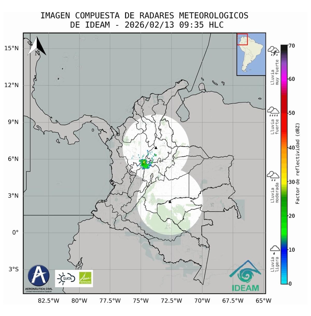 Radar de precipitaciones y actividad de lluvias sobre Colombia, según datos compuestos de los radares meteorológicos del IDEAM.
Foto tomada de : Pantallazo de la página IDEAM