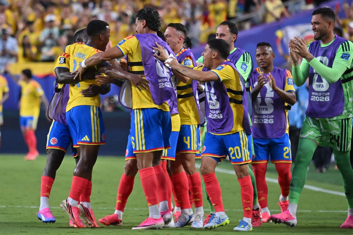 Jugadores de Colombia celebran la victoria en el partido de dieciseisavos de final de la Copa Mundial de la FIFA 2026 contra Ghana, en Kansas City, Missouri, EE. UU., el 3 de julio de 2026. EFE/EPA/AMY KONTRAS
