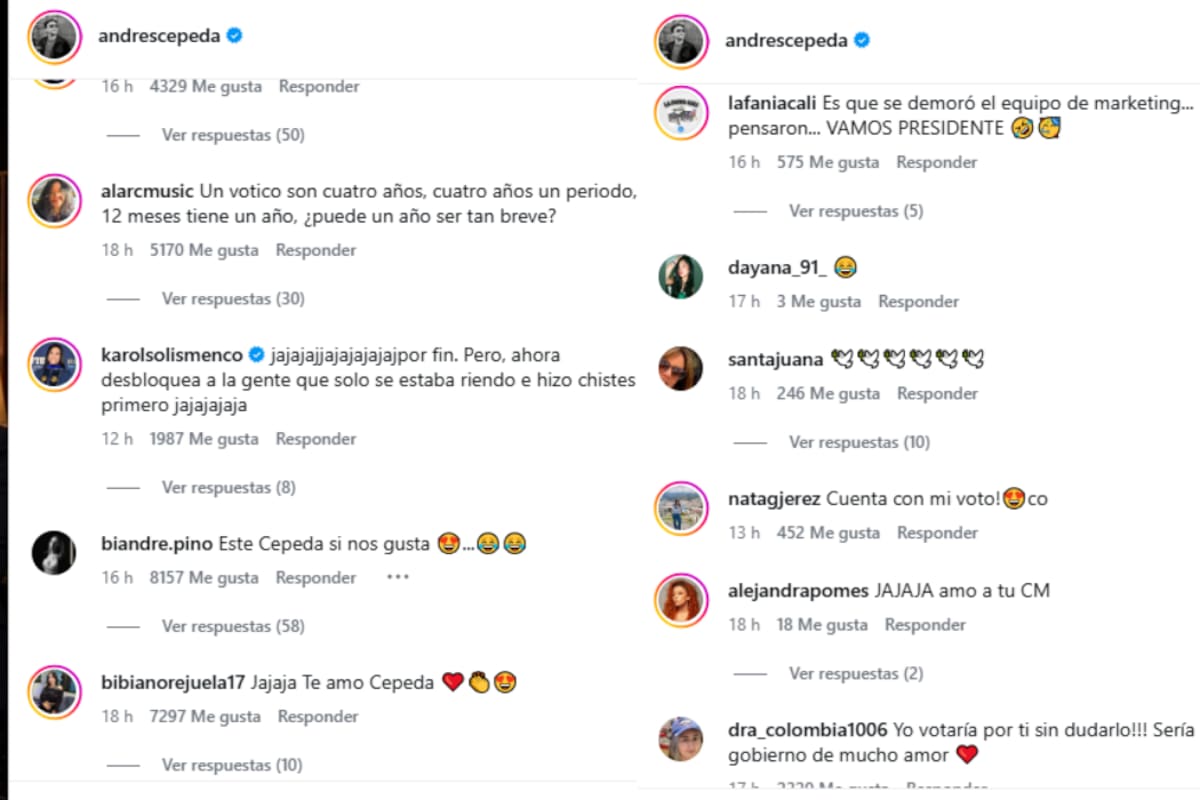 Algunos de los comentarios de la reciente publicación del artista Andres Cepeda. // Captura de pefil // andrescepeda.
