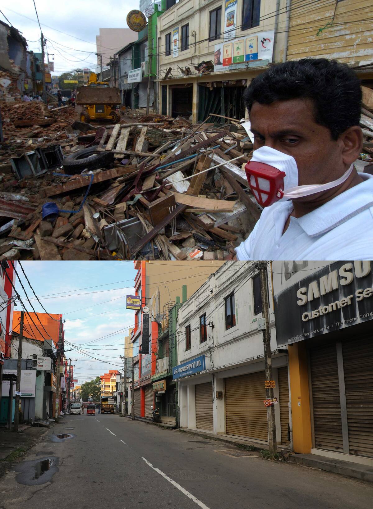 Una imagen compuesta publicada el 23 de diciembre de 2024 muestra a un hombre de Sri Lanka usando una mascarilla buscando cuerpos en las calles de Galle (Sri Lanka) el 29 de diciembre de 2004 tras el devastador tsunami del Índico (parte superior) y una vista de la misma área 20 años después (parte inferior) el 08 de diciembre de 2024. EFE/EPA/PETER ENDIG / CHAMILA KARUNARATHNE ALEMANIA FUERA ATENCIÓN: Esta imagen es parte de un CONJUNTO DE FOTOS *** Leyenda local *** 00400006