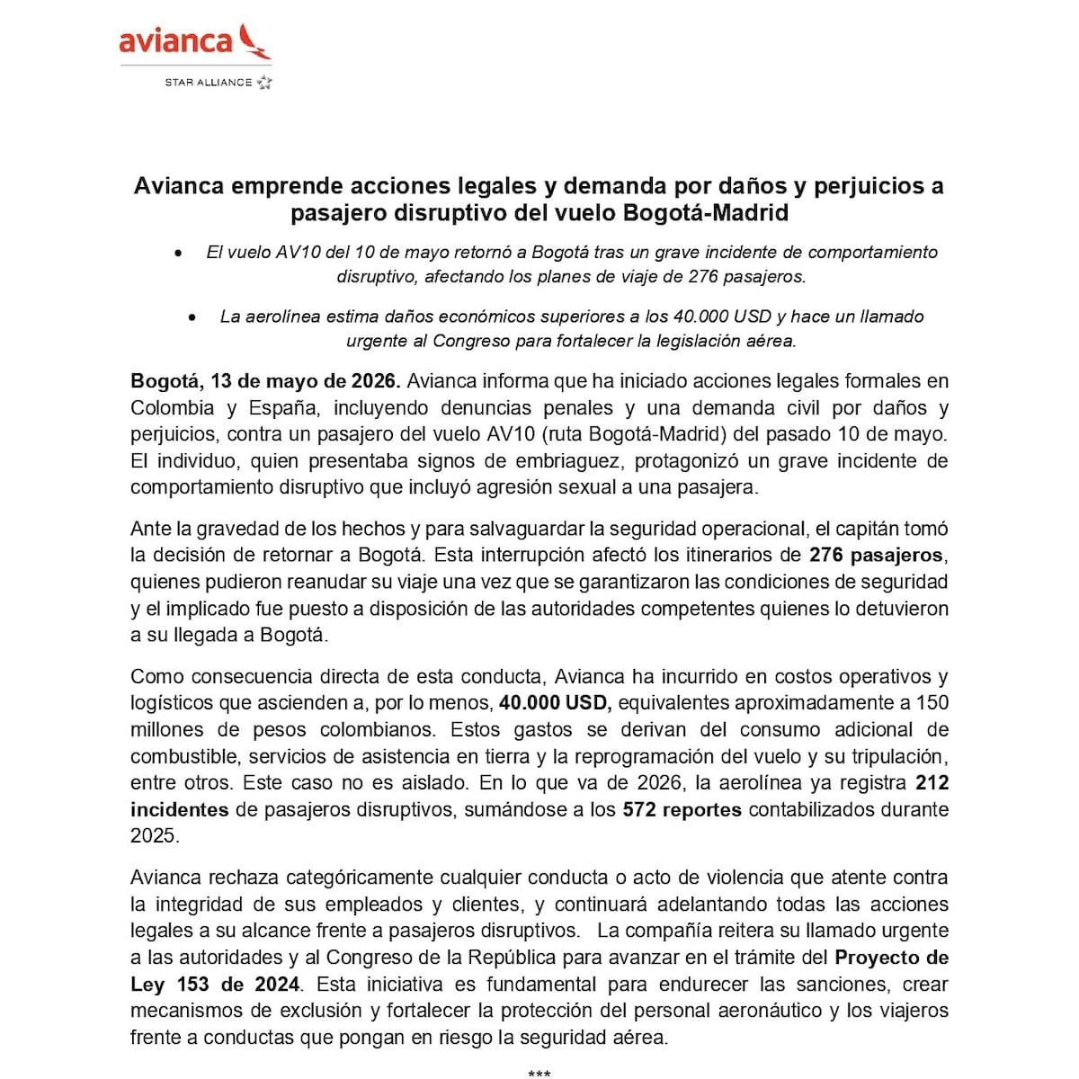 Comunicado oficial de las acciones legales y la demanda por daños y perjuicios a pasajero detenido durante el vuelo Bogotá - Madrid.