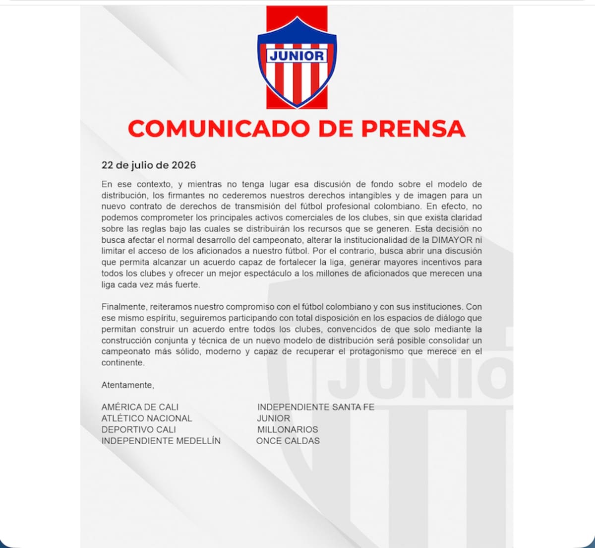 Segunda parte del comunicado emitido por los clubes Junior de Barranquilla, América de Cali, Deportivo Cali, Atlético Nacional, Independiente Medellín, Independiente Santa Fe y Once Caldas//Cortesía @JuniorClubSA.