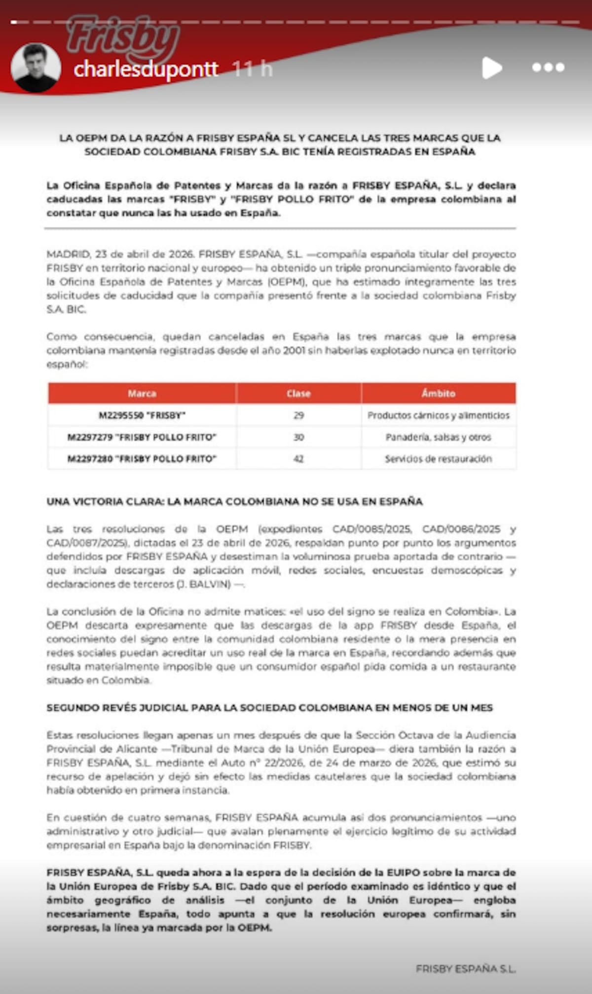 Comunicado de Frisby España.