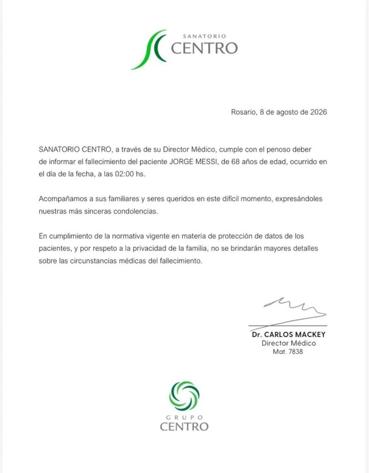 Comunicado del Sanatorio por Jorge Messi.