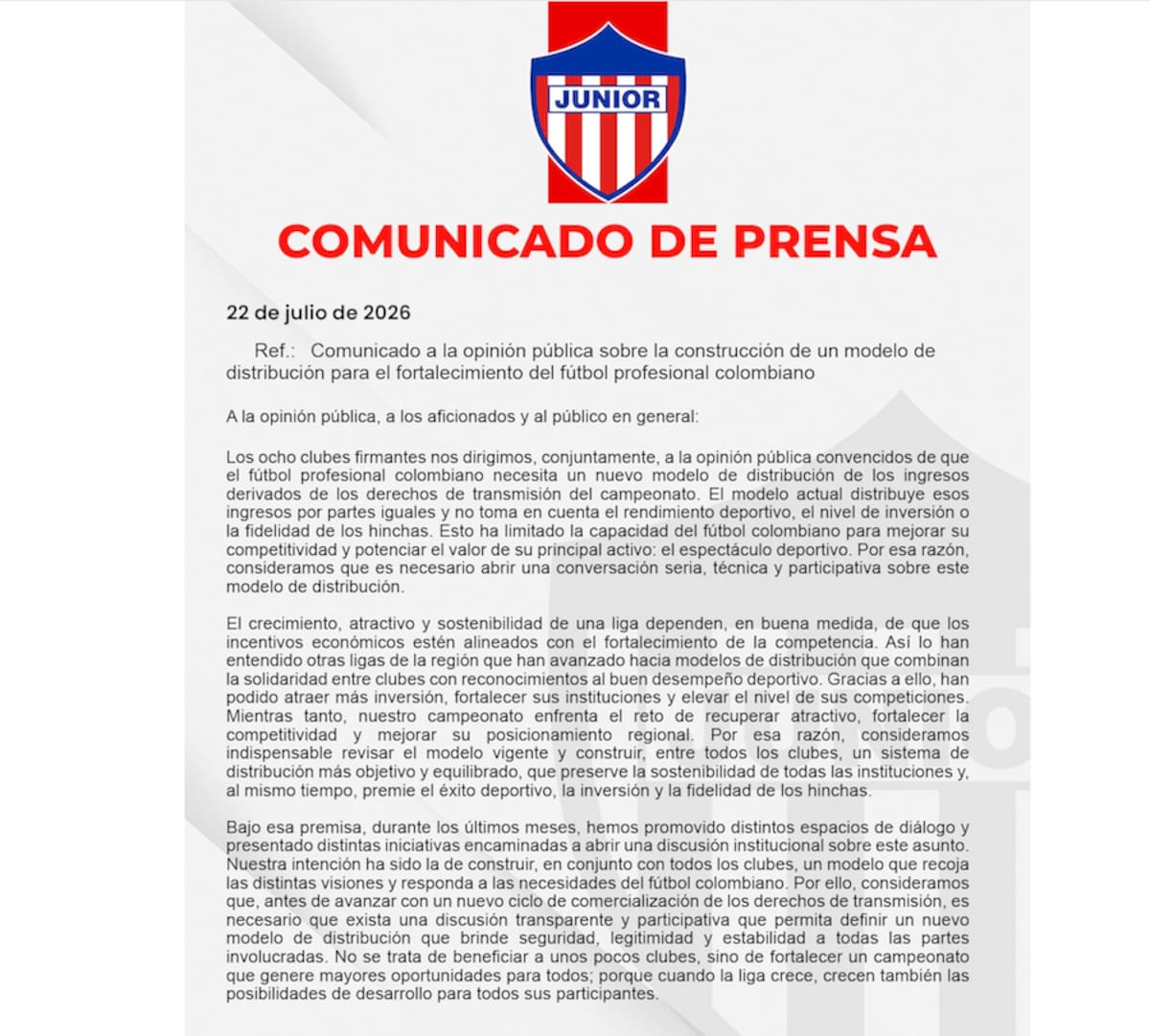 Primera parte del comunicado emitido este miércoles por los equipos Junior de Barranquilla, América de Cali, Deportivo Cali, Atlético Nacional, Independiente Medellín, Independiente Santa Fe y Once Caldas.//Cortesía@JuniorClubSA.