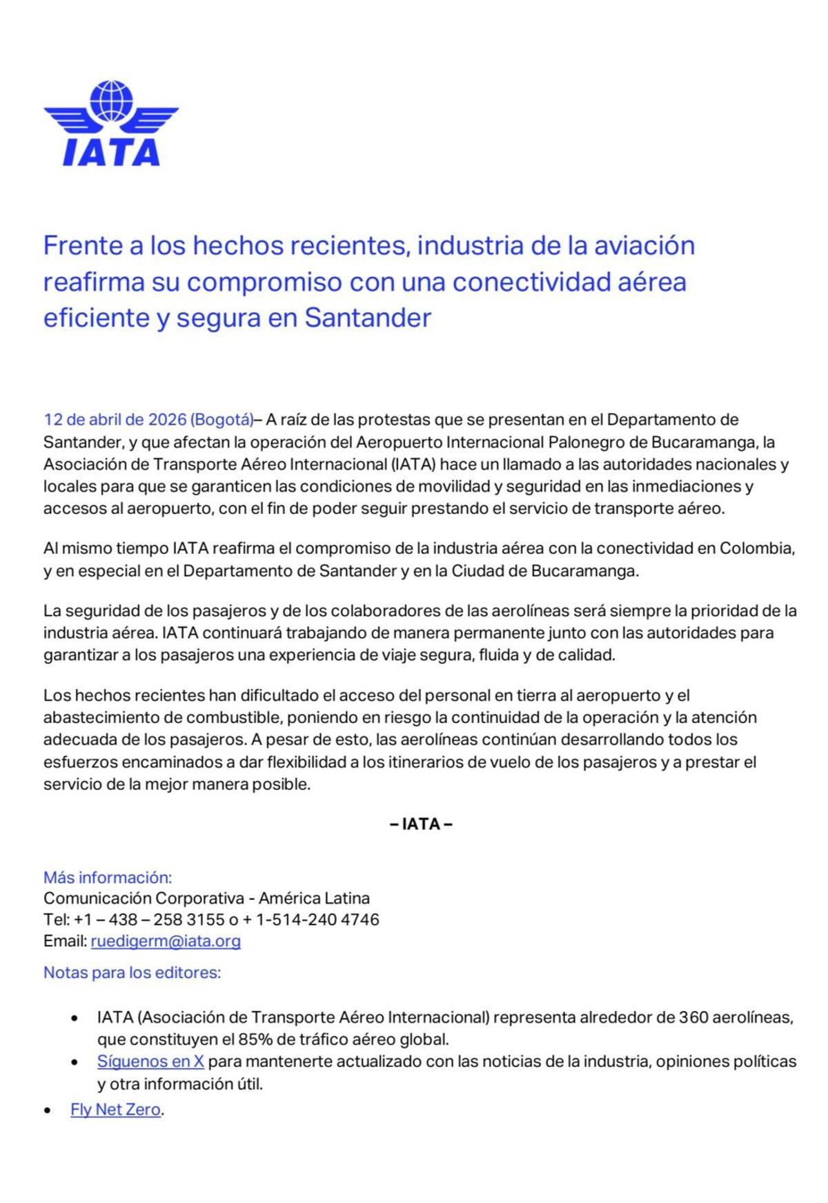 IATA solicita intervención para garantizar acceso al Aeropuerto Internacional Palonegro en Santander.