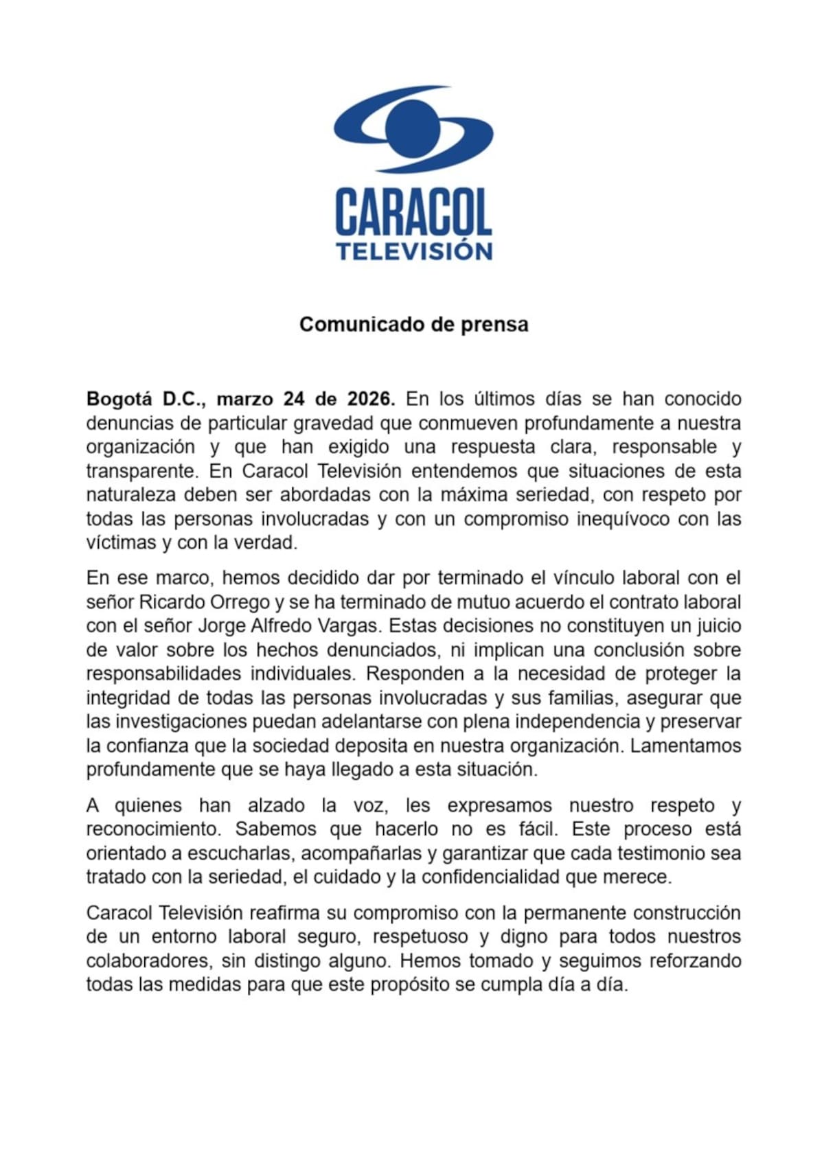 Confirman salida de Jorge Alfredo Vargas y Ricardo Orrego de Caracol Televisión tras escándalo de acoso sexual. // Foto: tomada de X.
