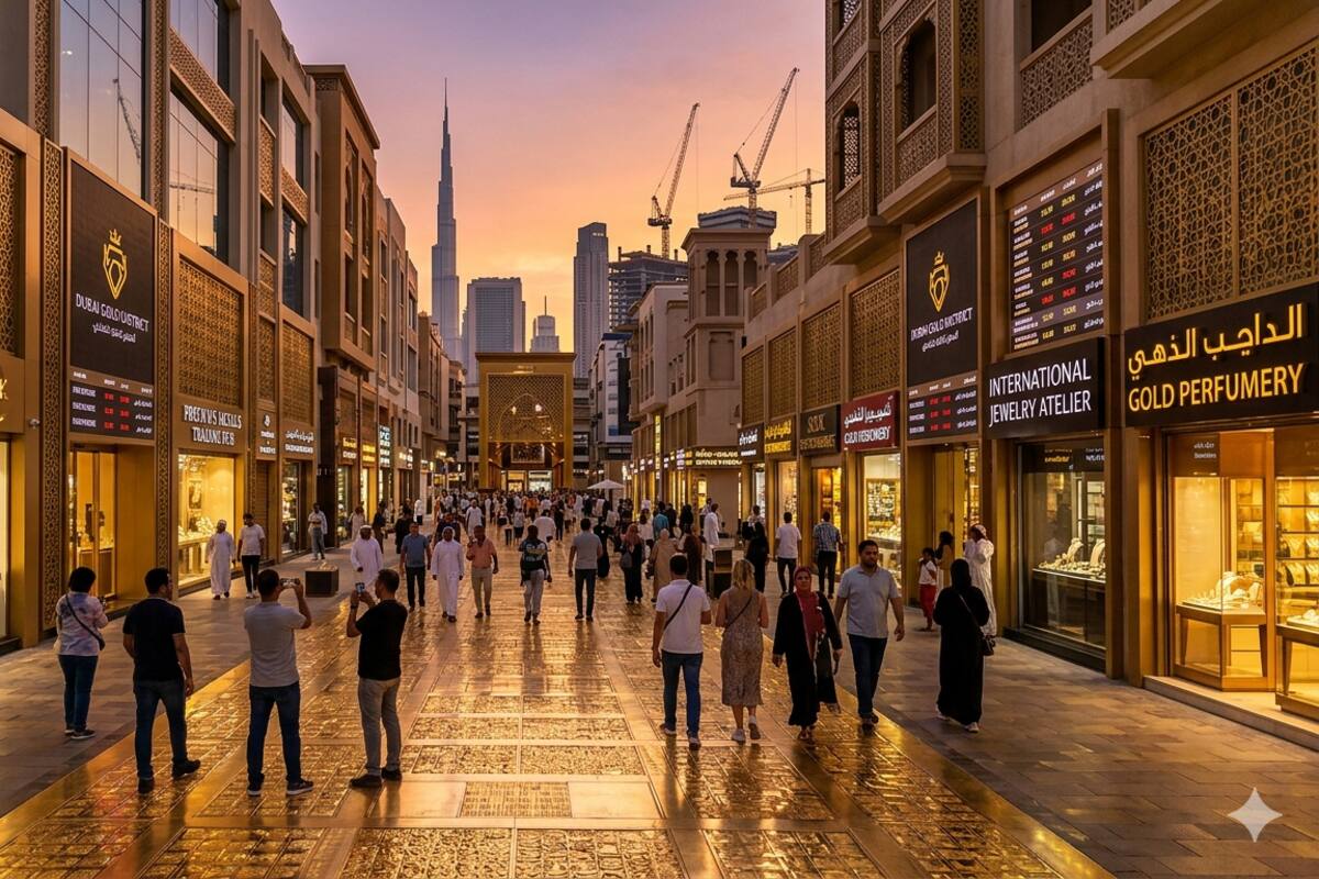 Construyen calle pavimentada con oro en un distrito de lujo: tendrá más de 1.000 tiendas. Foto: imagen generada con IA
