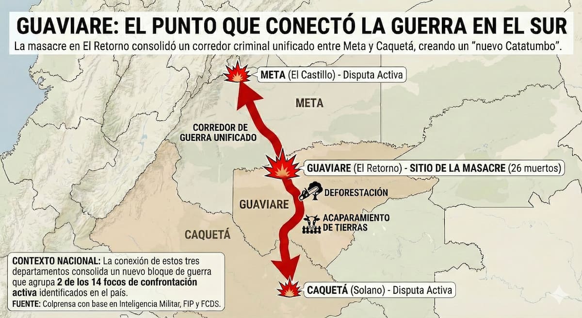 Mapa ilustrativo que detalla la reconfiguración del conflicto en el suroriente colombiano. Tras la masacre de 26 disidentes en El Retorno, Guaviare.