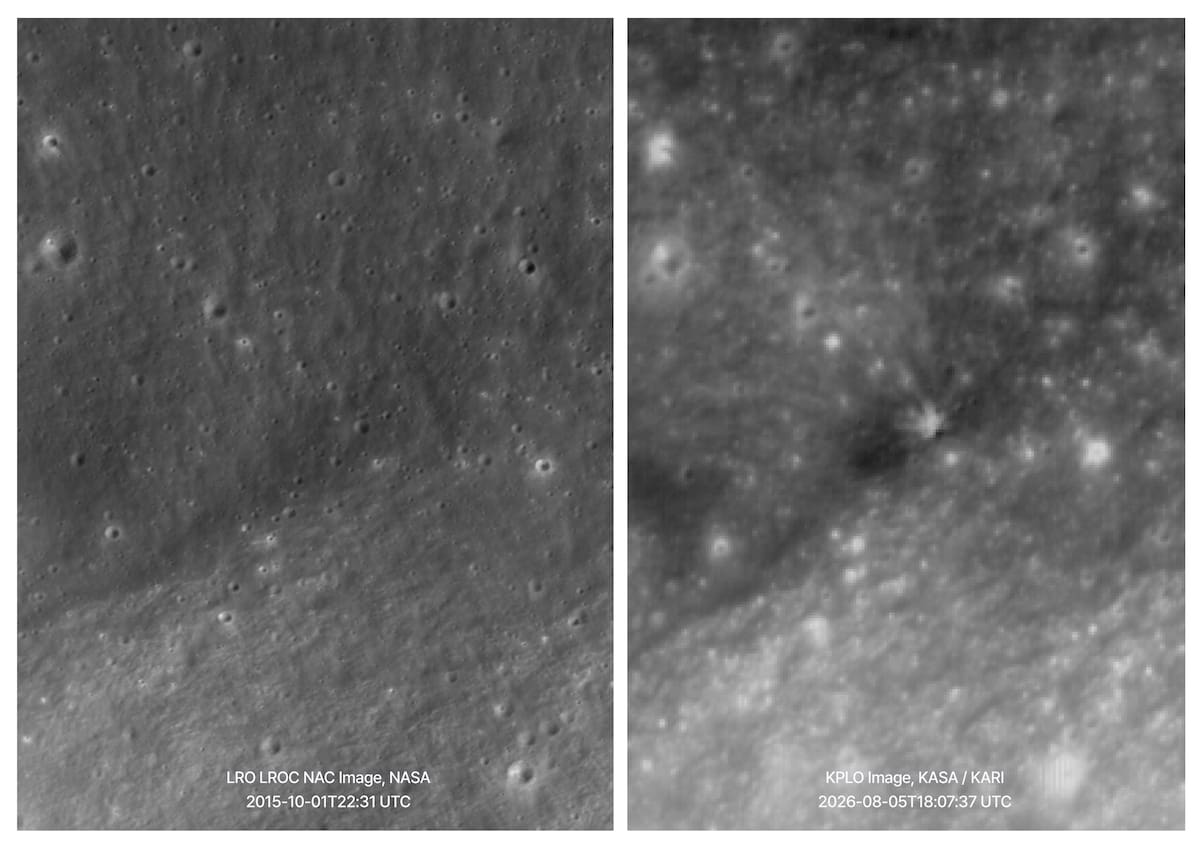 La agencia espacial de Corea del Sur dijo este jueves que captó con un satélite el antes y el después del impacto en la Luna de una etapa superior de un cohete de SpaceX, confirmado horas antes por la NASA. EFE/ Instituto de Investigación Aeroespacial de Corea (KARI) // SOLO USO EDITORIAL/SOLO DISPONIBLE PARA ILUSTRAR LA NOTICIA QUE ACOMPAÑA (CRÉDITO OBLIGATORIO)
