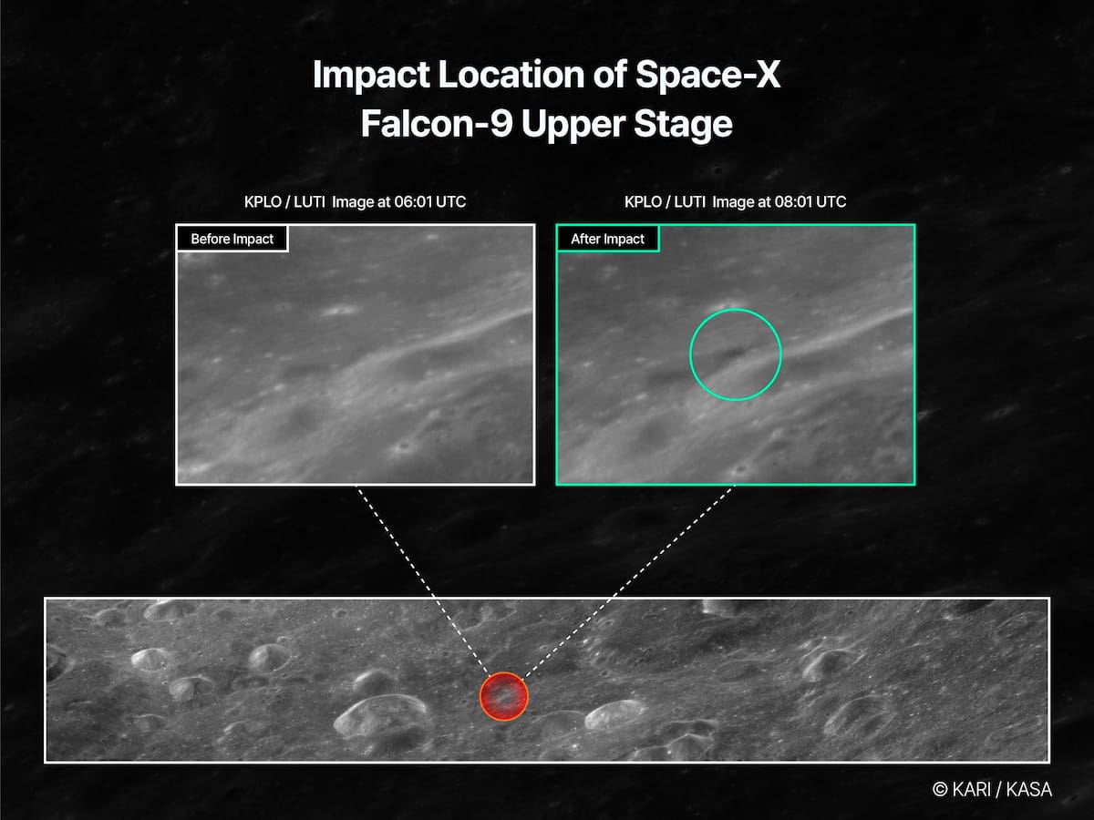 MADRID, 06/08/2026.- La agencia espacial de Corea del Sur dijo este jueves que captó con un satélite el antes y el después del impacto en la Luna de una etapa superior de un cohete de SpaceX, confirmado horas antes por la NASA. EFE/ Instituto de Investigación Aeroespacial De Corea (KARI) // SOLO USO EDITORIAL/SOLO DISPONIBLE PARA ILUSTRAR LA NOTICIA QUE ACOMPAÑA (CRÉDITO OBLIGATORIO)