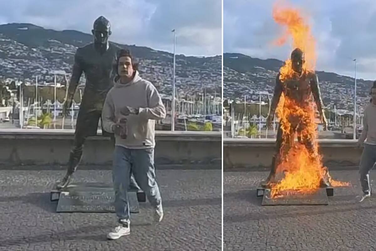 Un joven quemó la estatua de Cristiano Ronaldo, lo grabó y bailó alrededor del fuego. /FOTO: Captura de Pantalla