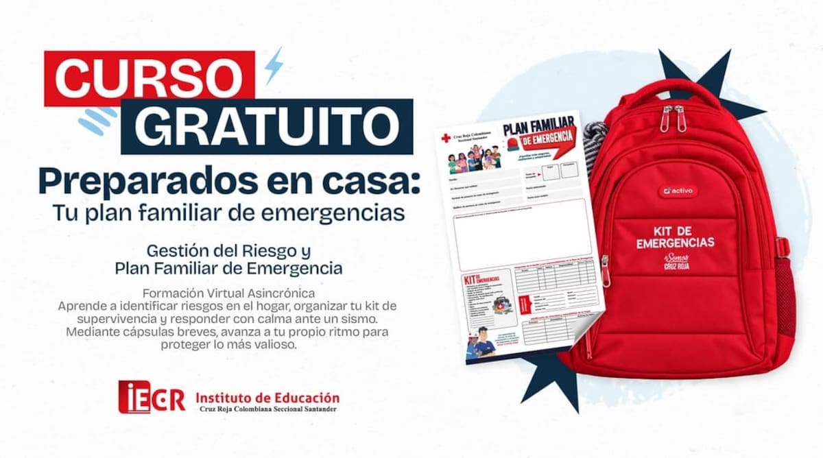 El Instituto de Educación de la Cruz Roja Colombiana Seccional Santander abrió desde hoy las inscripciones al curso virtual gratuito "Preparados en Casa: Tu Plan Familiar de Emergencias". Foto: cortesía Cruz Roja Seccional Santander.