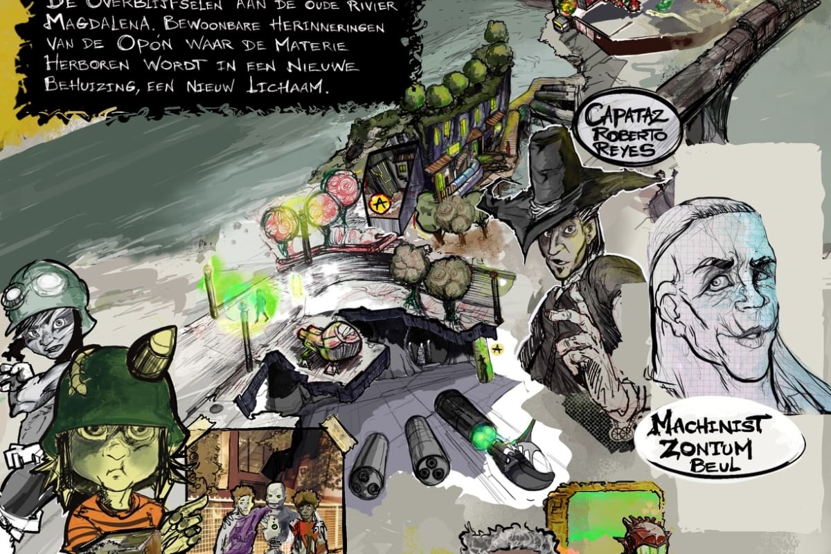 Cuatro ilustraciones de Arlef Aparicio llevarán a Bélgica parte del universo de Puerto Opón 2058, una propuesta en la que el artista santandereano cruza ciencia ficción, memoria, territorio y vínculos humanos. Foto: suministrada.