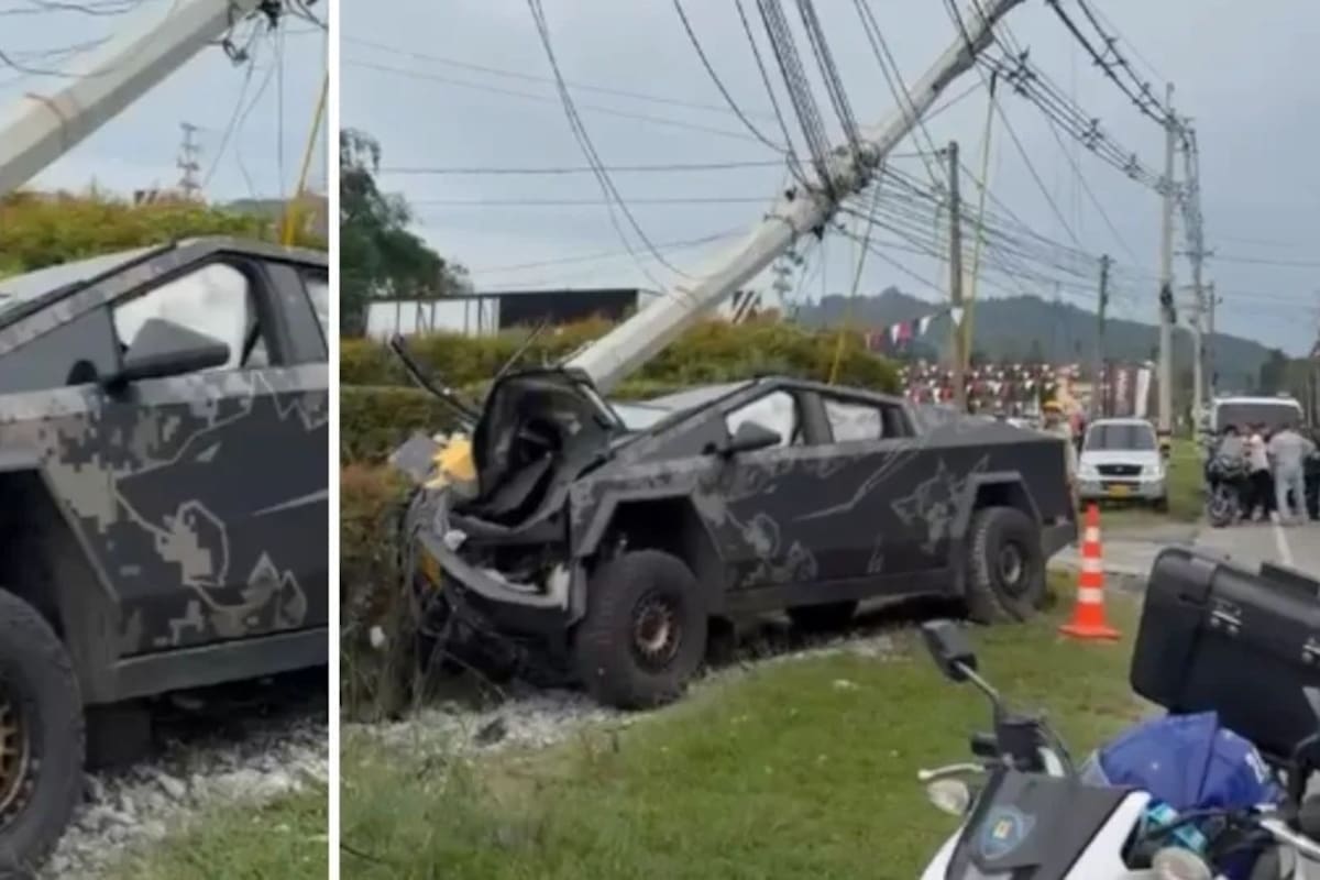 La Cybertruck accidentada en Llanogrande quedó gravemente afectada. // Foto: EL TIEMPO