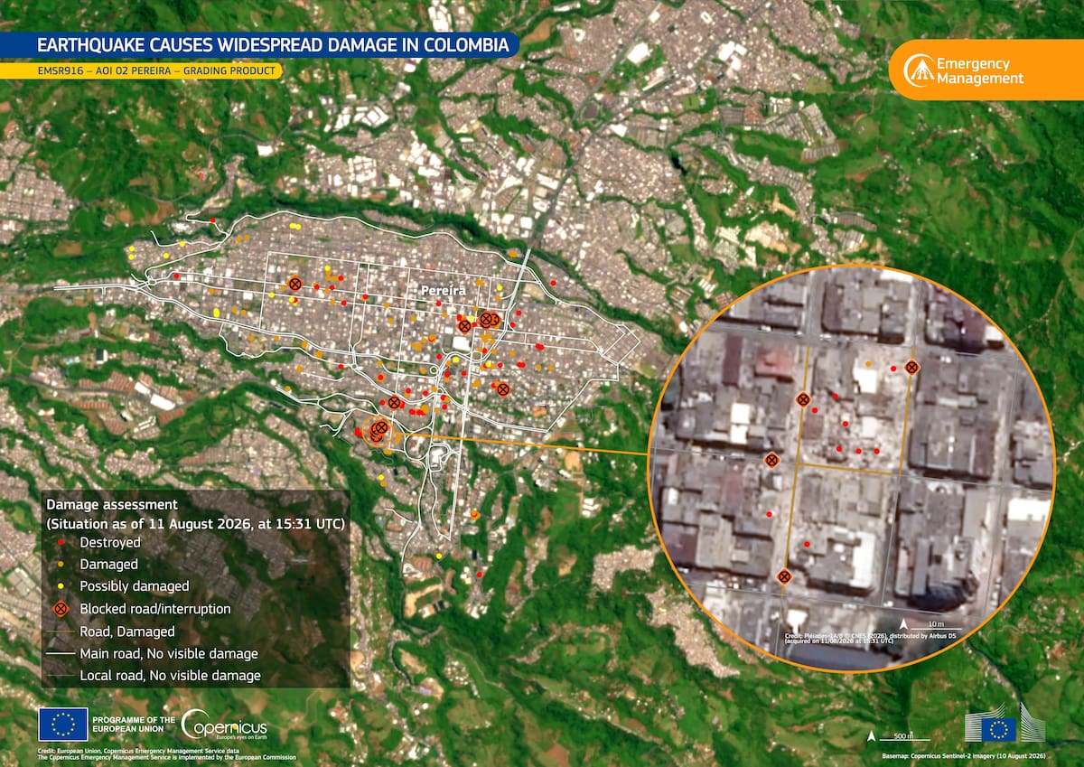 PEREIRA, 17/08/2026.- Visualización de datos que se centran en el «Área de Interés 02», Pereira, y muestran los daños relacionados con el terremoto. Basada en el producto de clasificación CEMS, resalta el impacto observado de los sismos hasta el 11 de agosto de 2026. El recuadro ofrece una vista más detallada de los daños mapeados, mostrando varios tramos de edificios y carreteras afectados.EFE/ Unión Europea, Datos Del Servicio De Gestión De Emergencias De Copernicus SOLO USO EDITORIAL/SOLO DISPONIBLE PARA ILUSTRAR LA NOTICIA QUE ACOMPAÑA (CRÉDITO OBLIGATORIO)