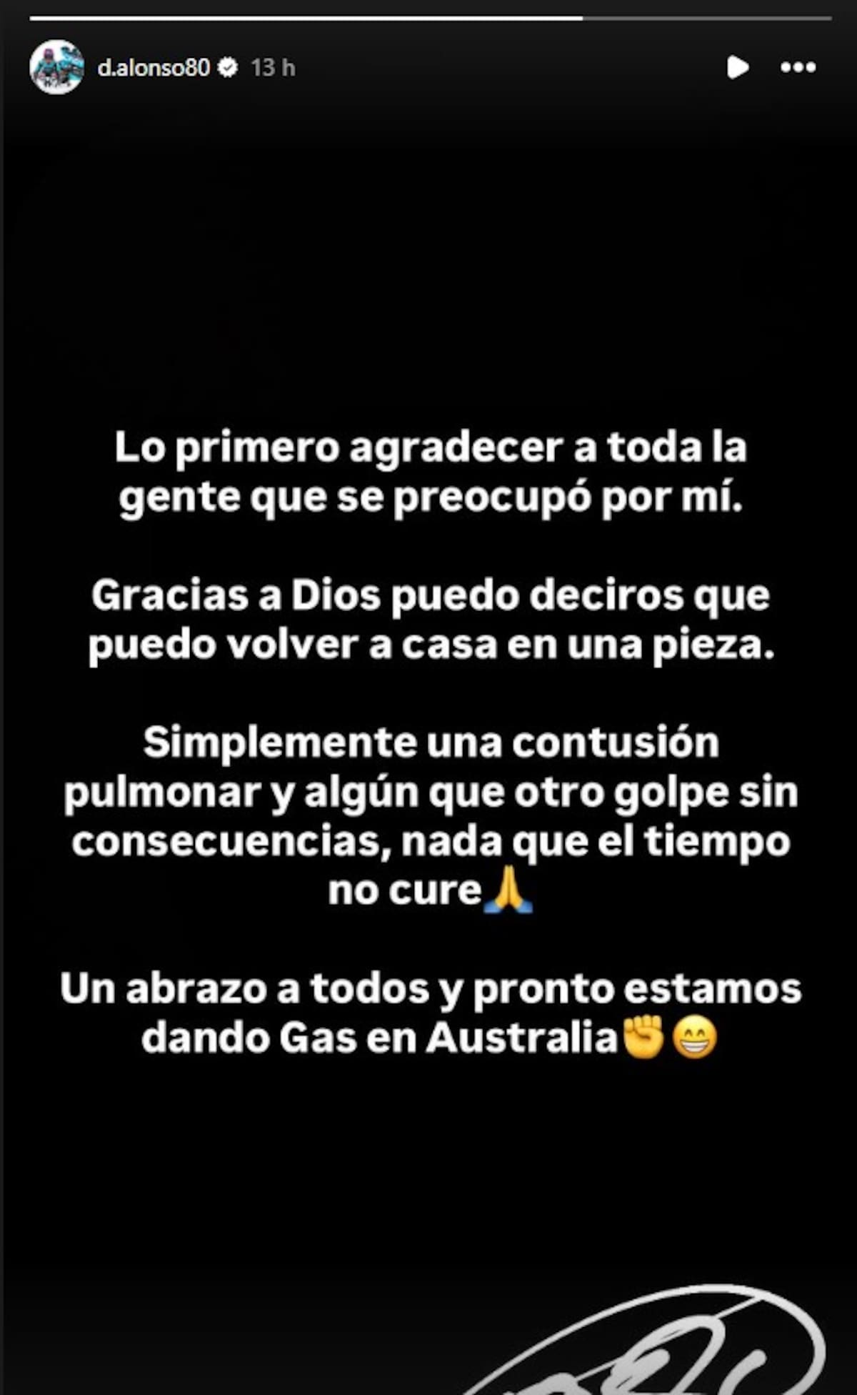 David Alonso confirmó que sufrió una contusión pulmonar tras el fuerte accidente que protagonizó durante el Gran Premio de Indonesia de Moto2, el domingo 11 de octubre. /FOTO: Instagram