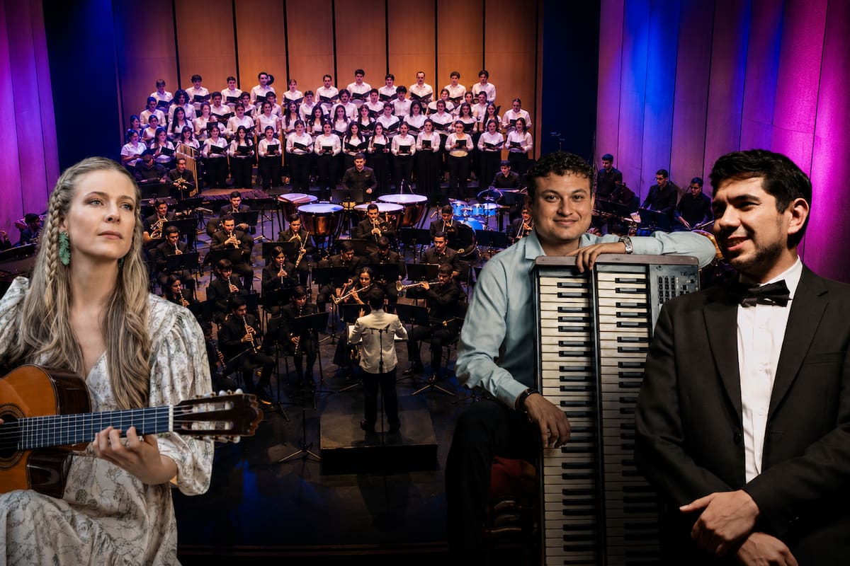 De izquierda a derecha, la cantautora Katie James, el organista Jonathan Reyes Rodríguez y el músico socorrano Yan Carlos Meneses. Al fondo, la Banda Sinfónica de Santander. Foto: collage / suministrada.
