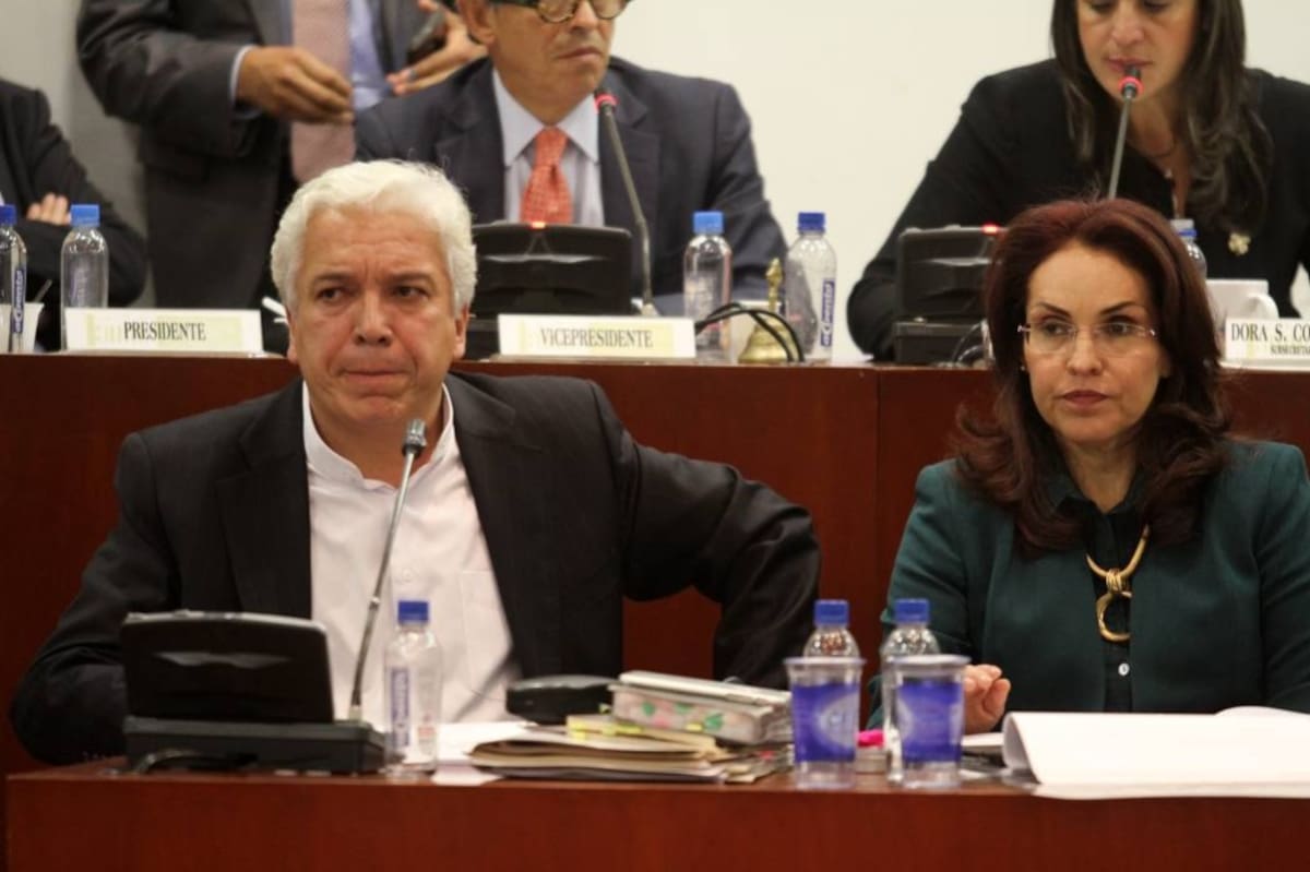 Bogotá, 10 de mayo de 2017. En la Comisión Primera de Cámara, se da el debate del referendo de adopción por parte de parejas del mismo sexo y personas solteras. En la foto: Carlos Alonso Lucio, portavoz del referendo junto a la representante a la cámara por el partido liberal, Viviane Morales. (Colprensa - Sofía Toscano)