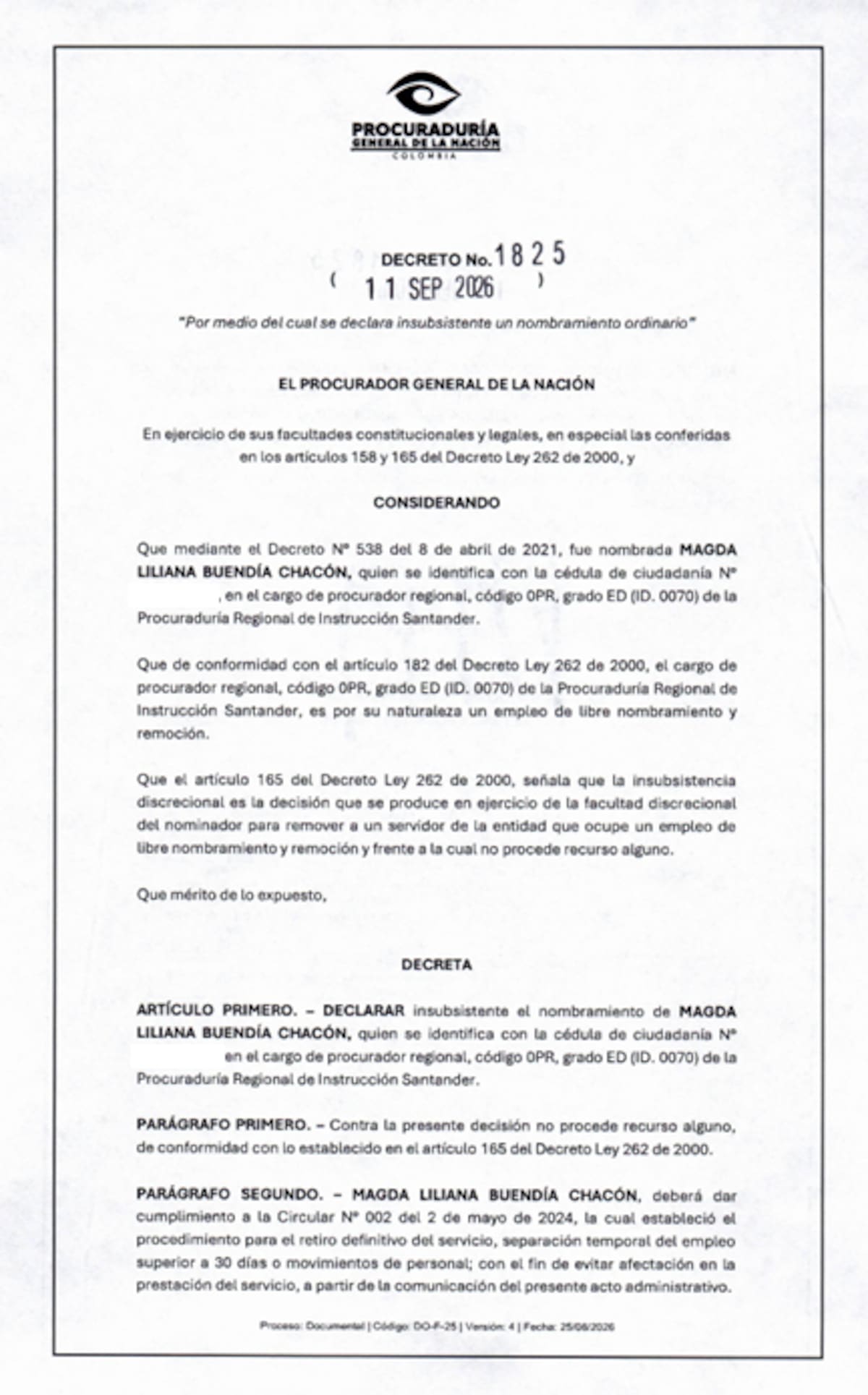 Declaran insubsistente a Magda Liliana Buendía, procuradora regional de Santander